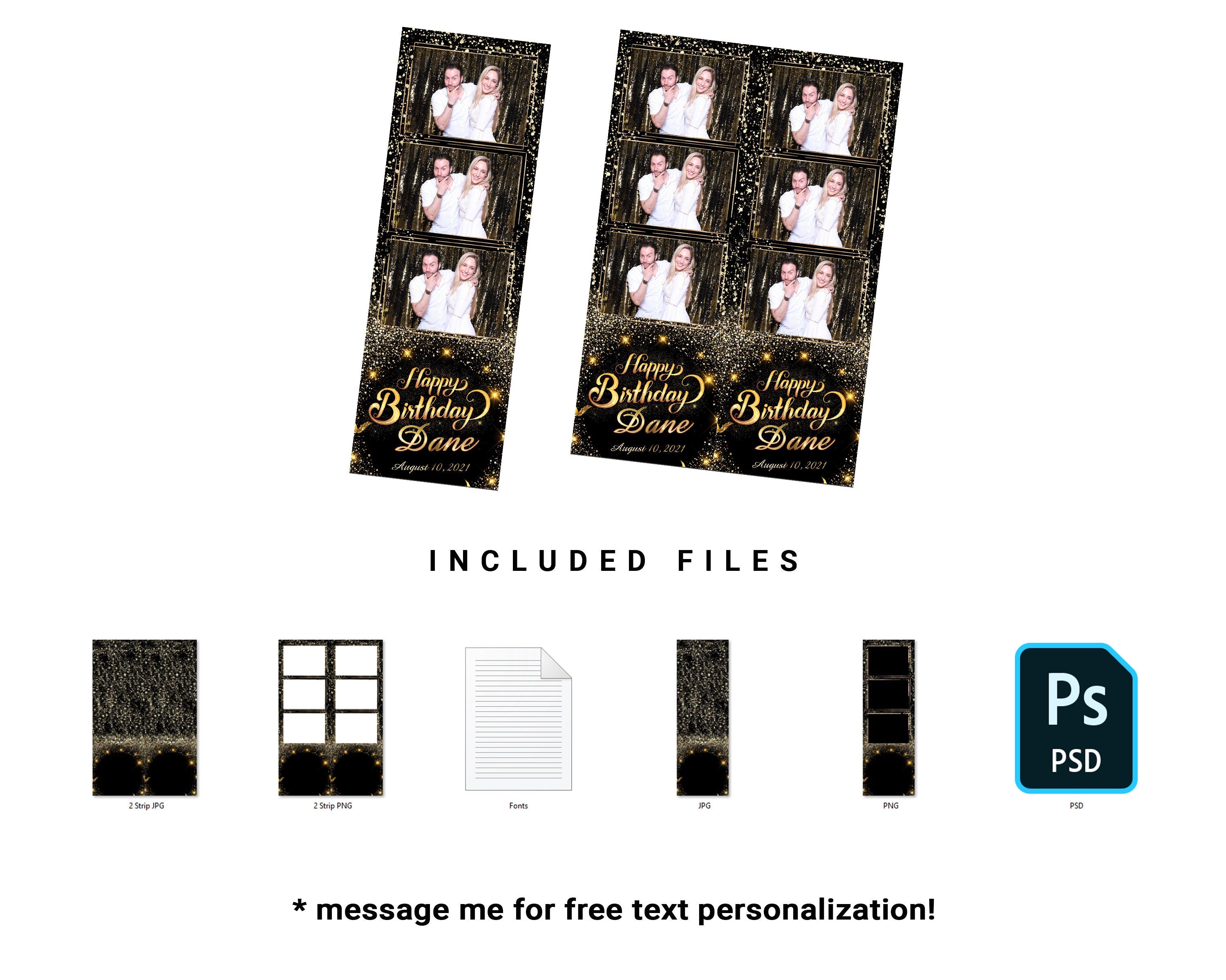 Birthday Photo Booth Template 2x6 Strip Black Gold Glitter and sparkles Elegant Photobooth Template 3 photo and 4x6 dual strip setup BM14