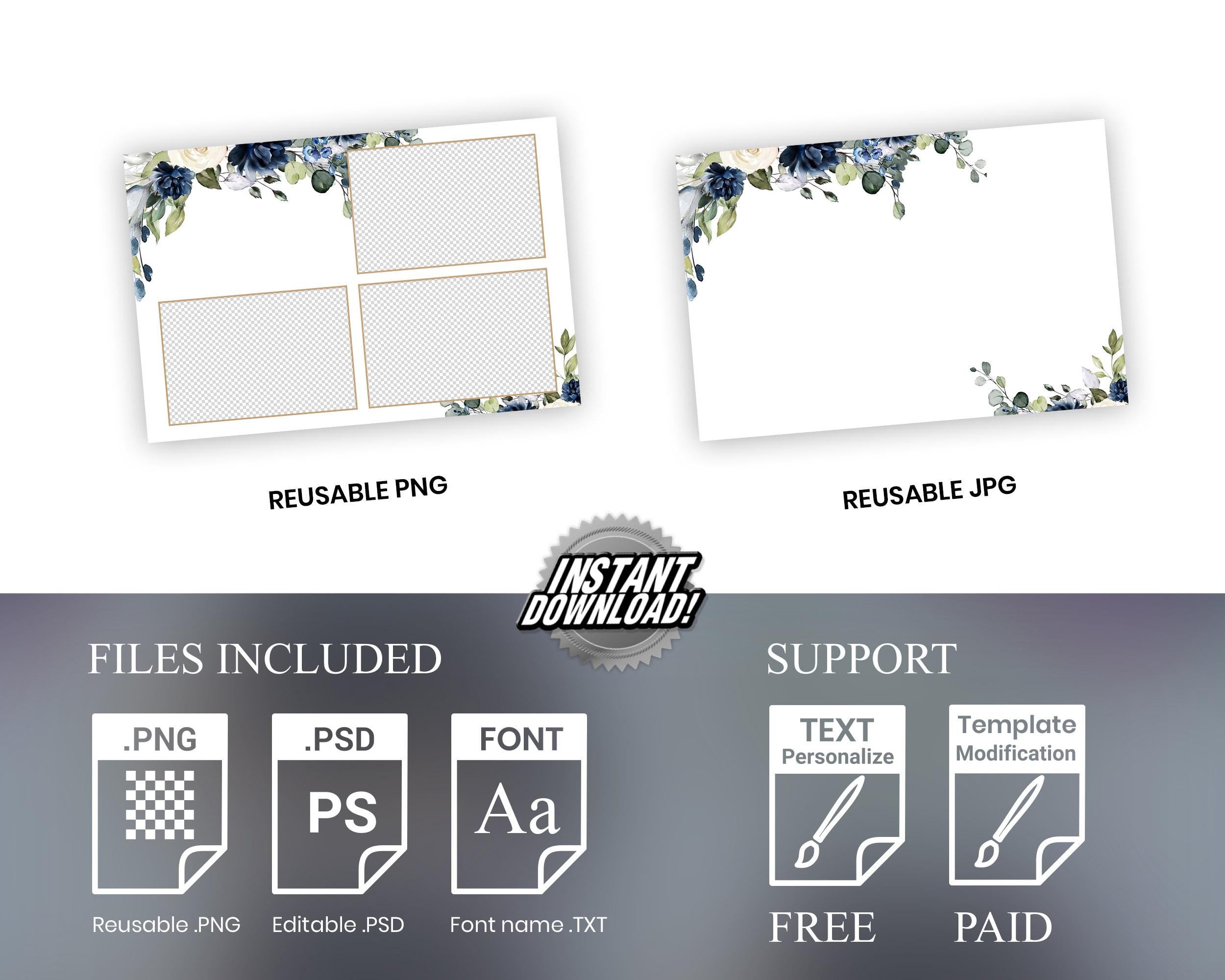 Wedding Photobooth Template, Bridal Shower Photo Booth 4x6, Blue Flower and Greenery Anniversary Overlay, SKU 724