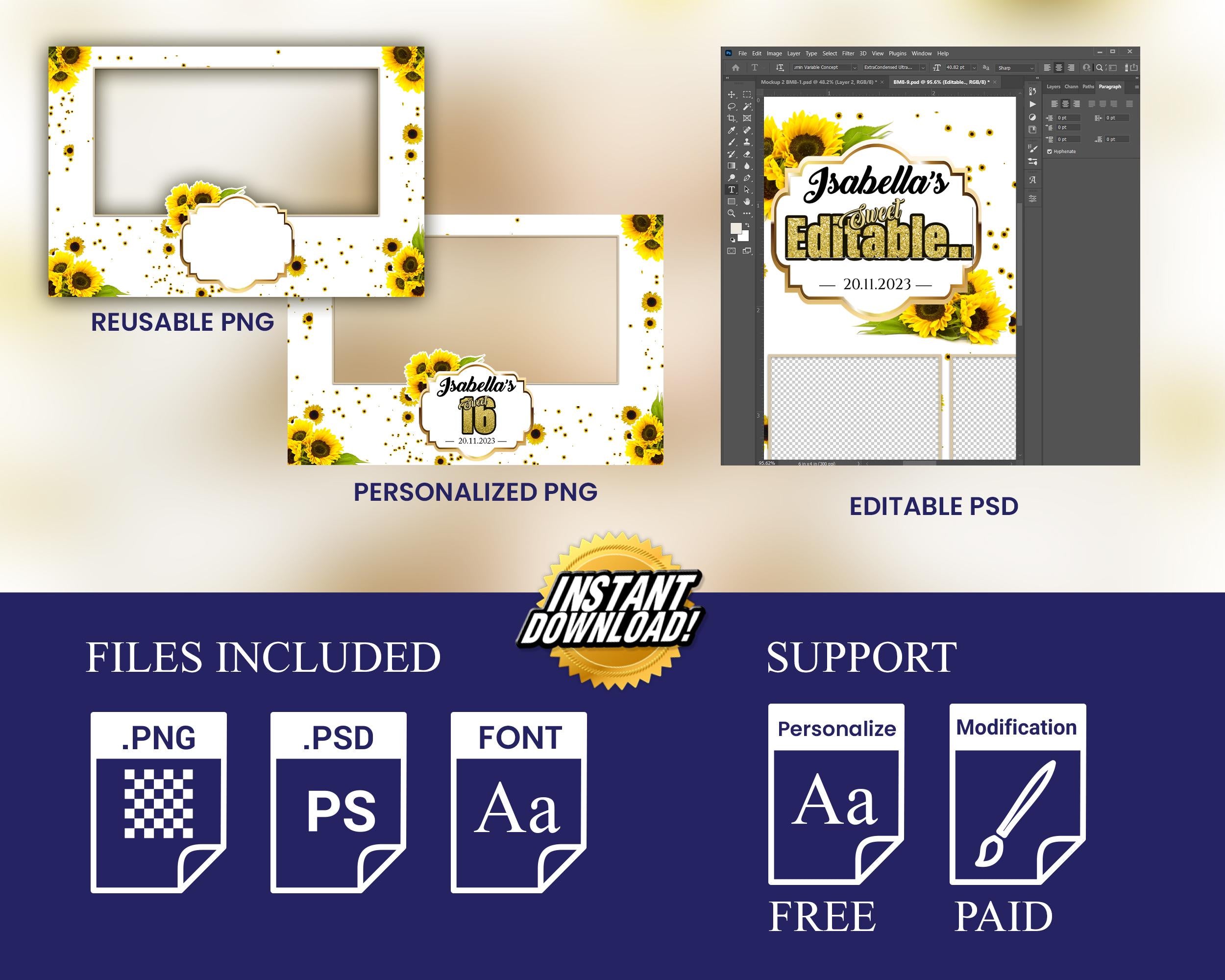Sunflower Birthday Photobooth Template Sweet 16 Quinceañera 4x6 landscape single photo booth template with gold glitter texts - Layout 5 BM8