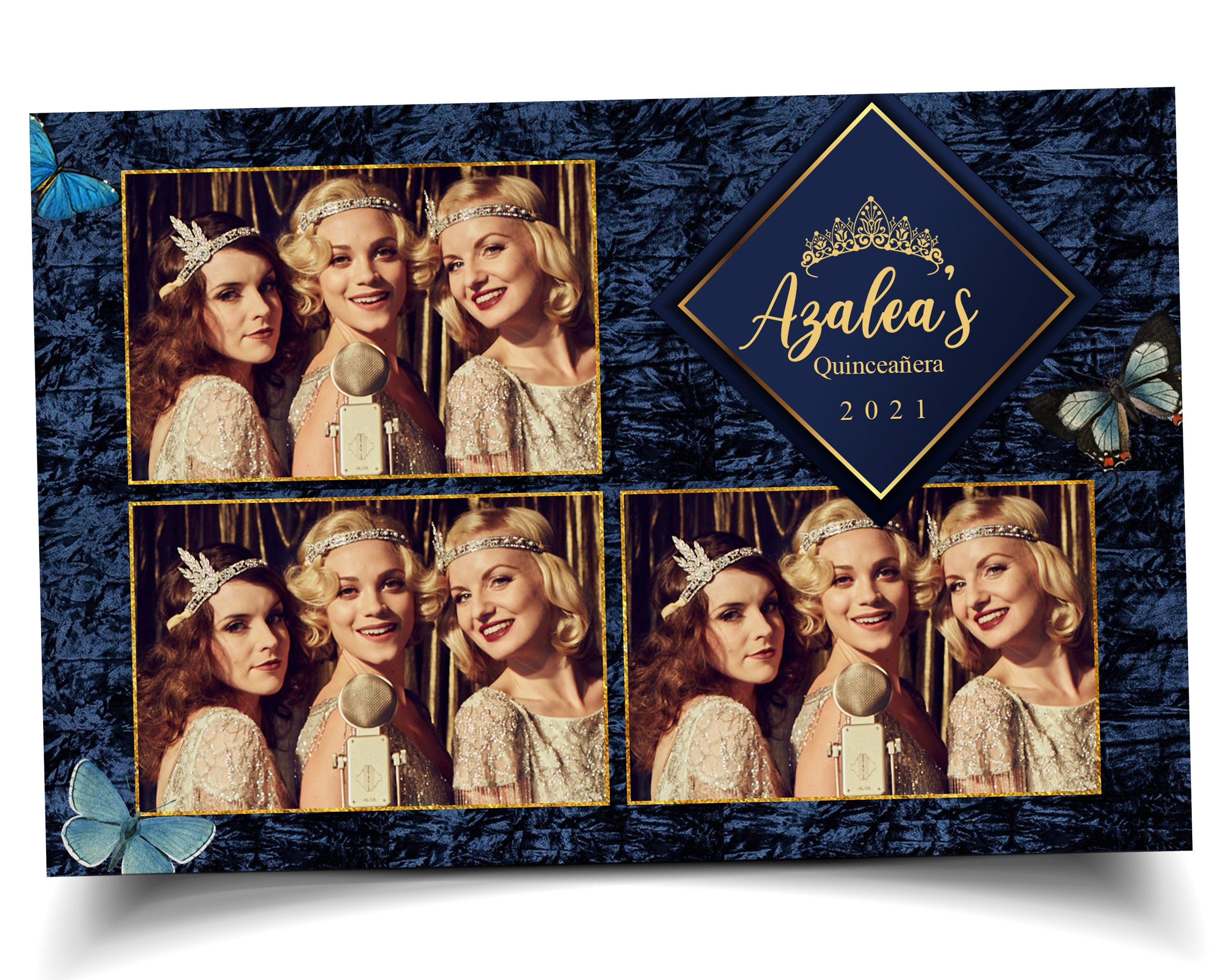 Birthday Blue Butterfly Quinceañera Photobooth template 4x6  postcard sweet sixteen 16 birthday navy blue photo booth template