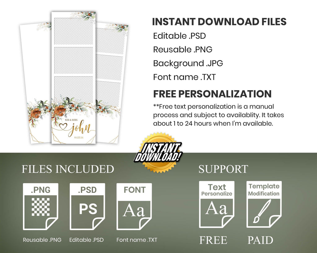 Burnt Orange Wedding Anniversary Photobooth Template 2x6 Strip Greenery Terracotta Floral Photo Booth Flower 1056