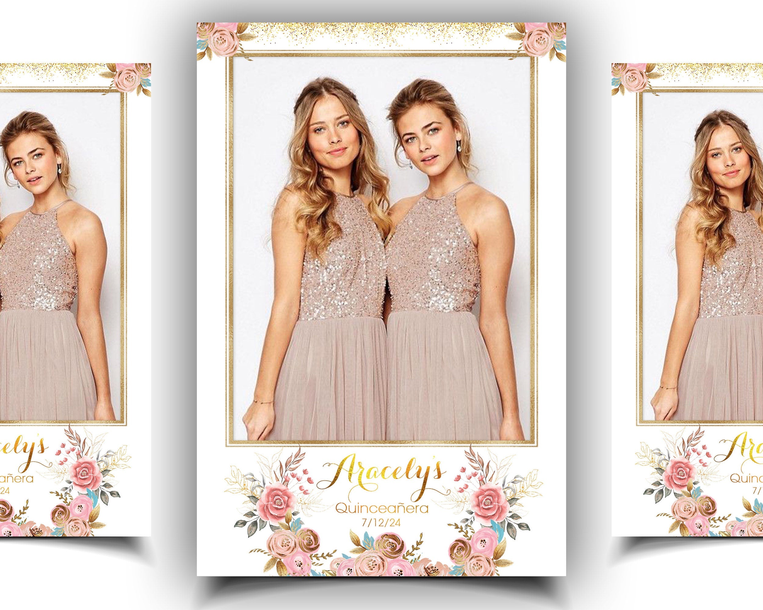 Quinceañera Photobooth Template, Sweet 16 Photo Booth, Birthday, Quince, Quinceanera, Rose Gold Flowers, Mis, Quince Mirror Booth 1046