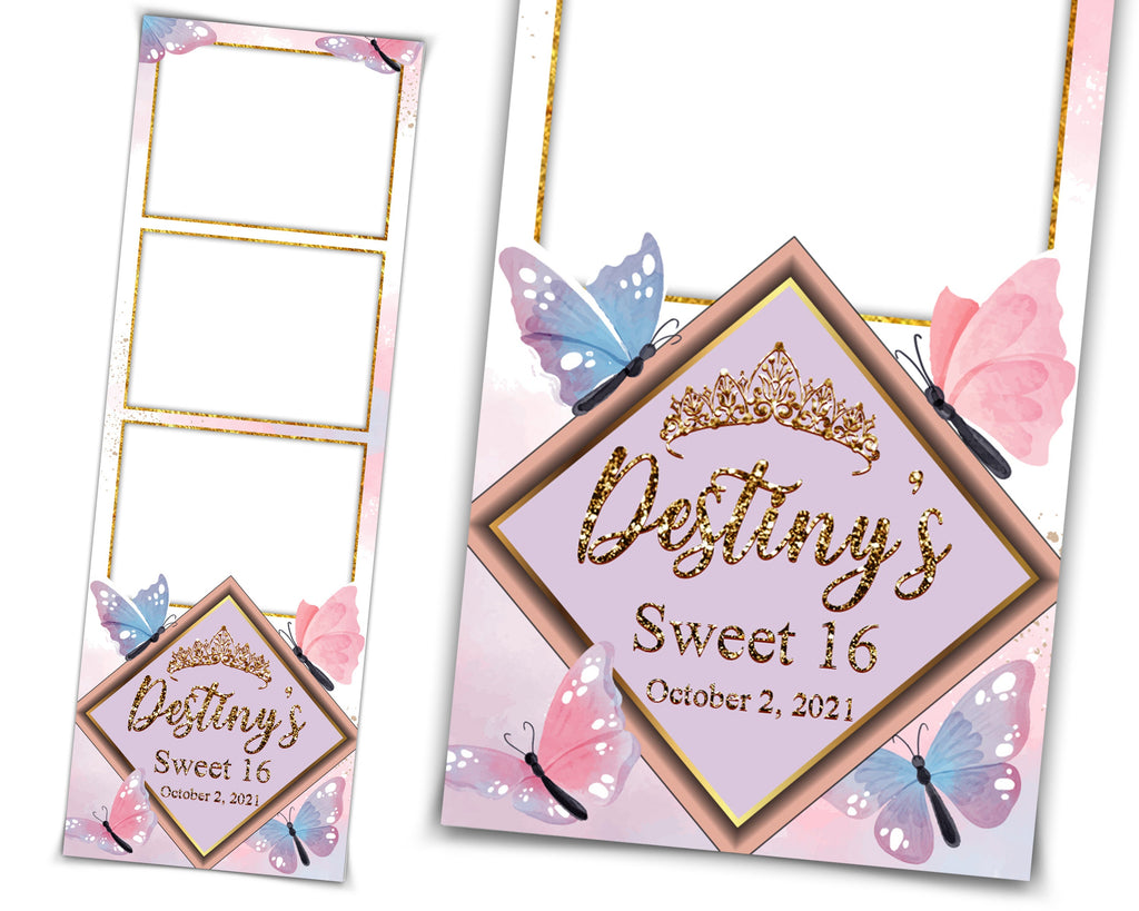 Birthday Butterfly Quinceañera Photobooth template 2x6 strip sweet sixteen 16 birthday purple pink photo booth template