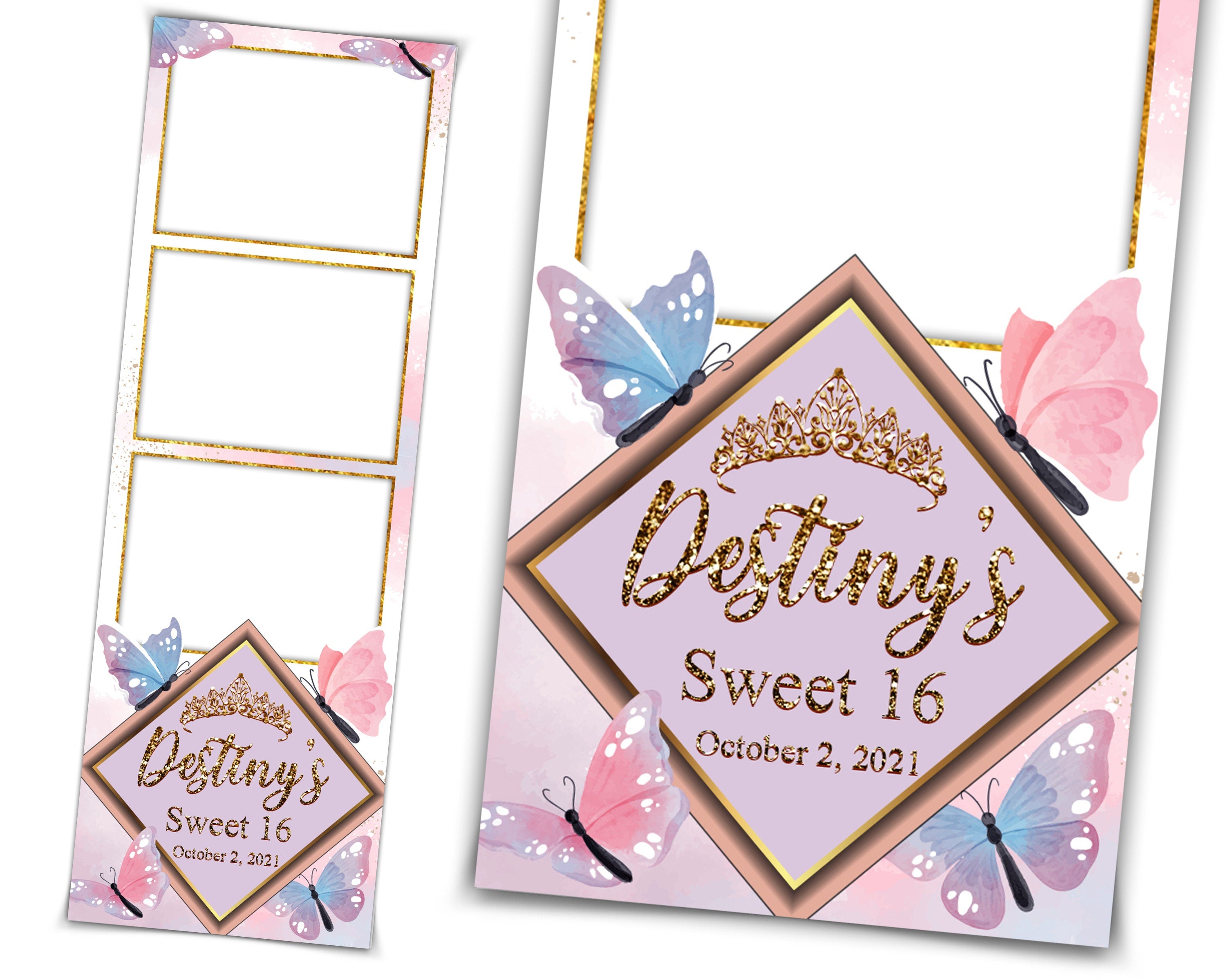 Birthday Butterfly Quinceañera Photobooth template 2x6 strip sweet sixteen 16 birthday purple pink photo booth template
