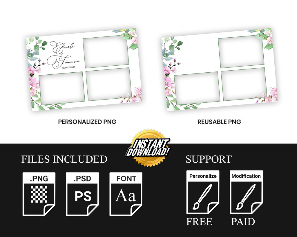 Bridal Shower Wedding Photobooth template 4x6 with Floral blush flowers and greenery photo booth template