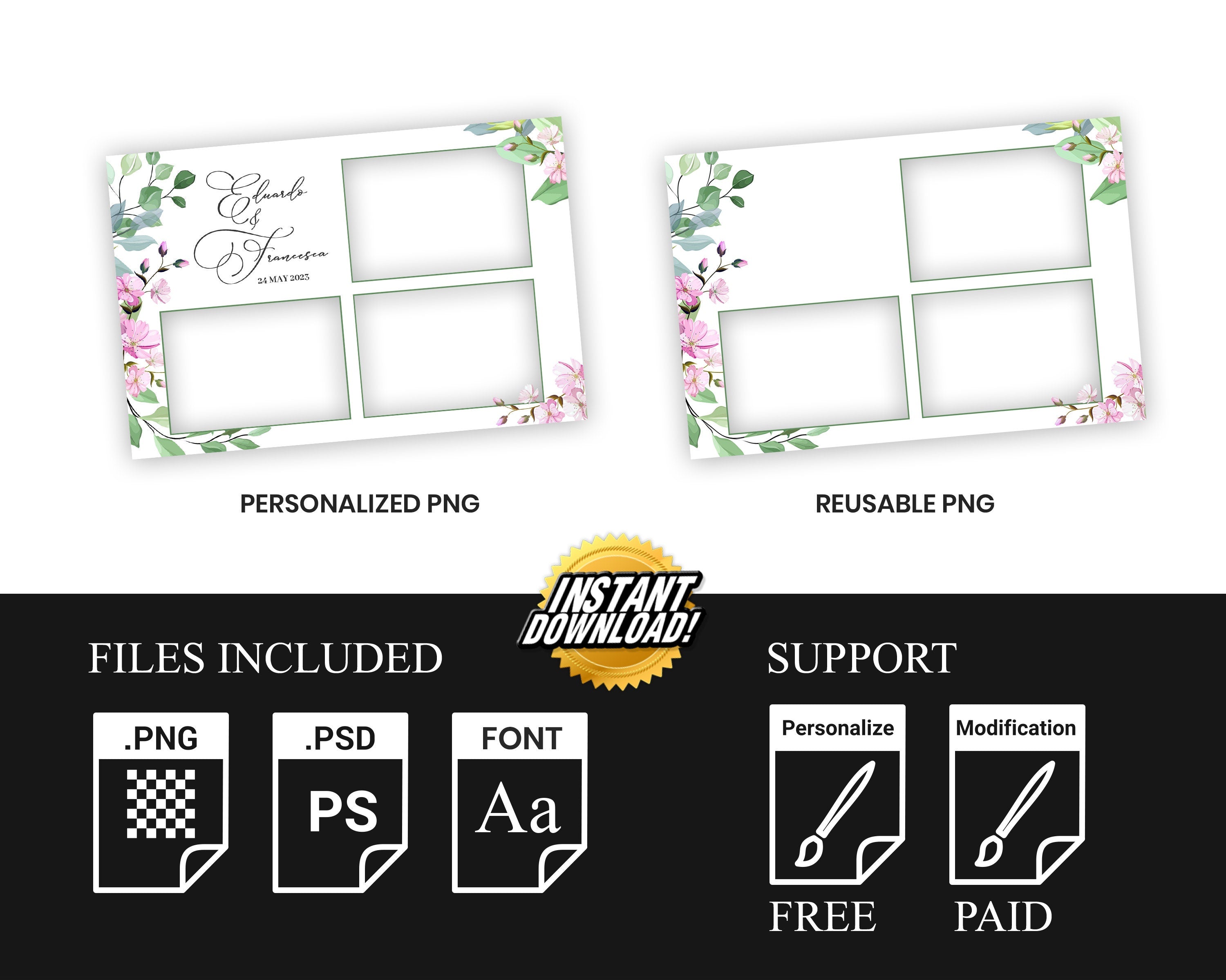 Bridal Shower Wedding Photobooth template 4x6 with Floral blush flowers and greenery photo booth template
