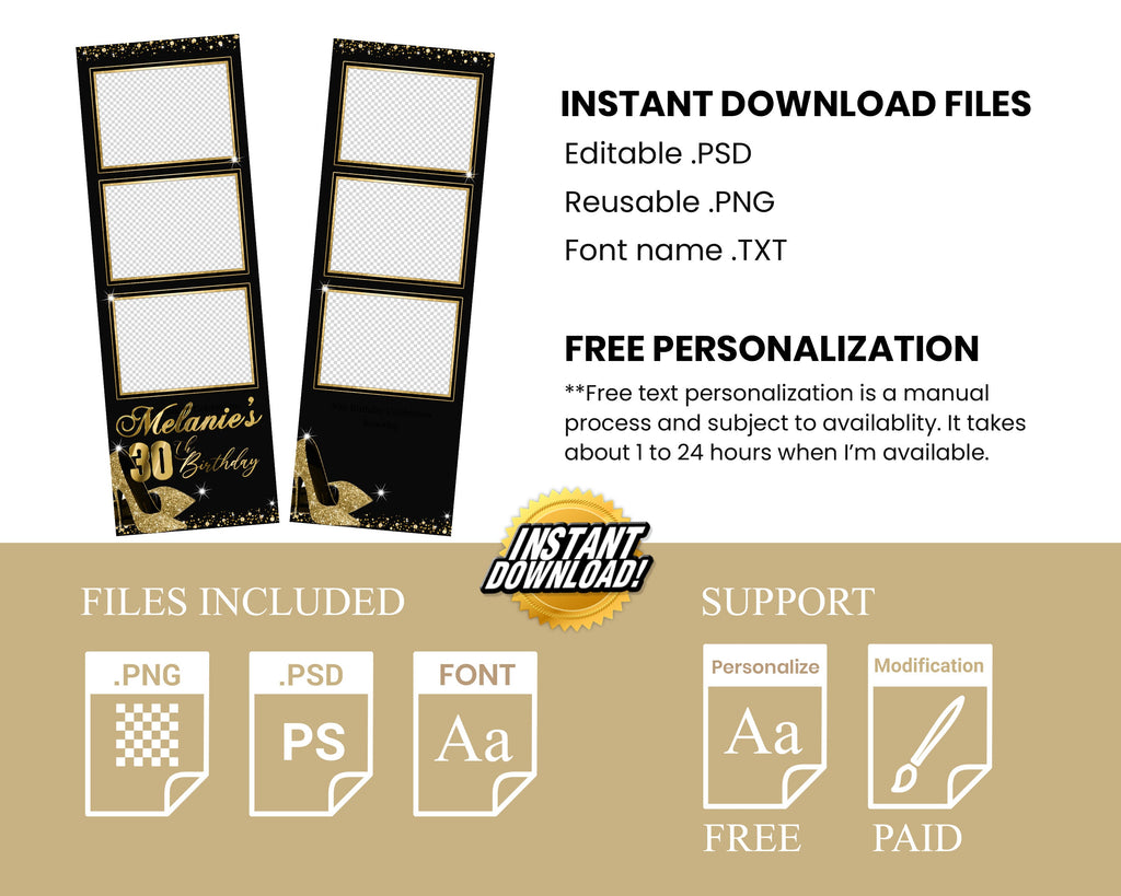 Photobooth Template Gold Glitter Birthday 4x6 Golden Sweet 16 Photo Booth Bday