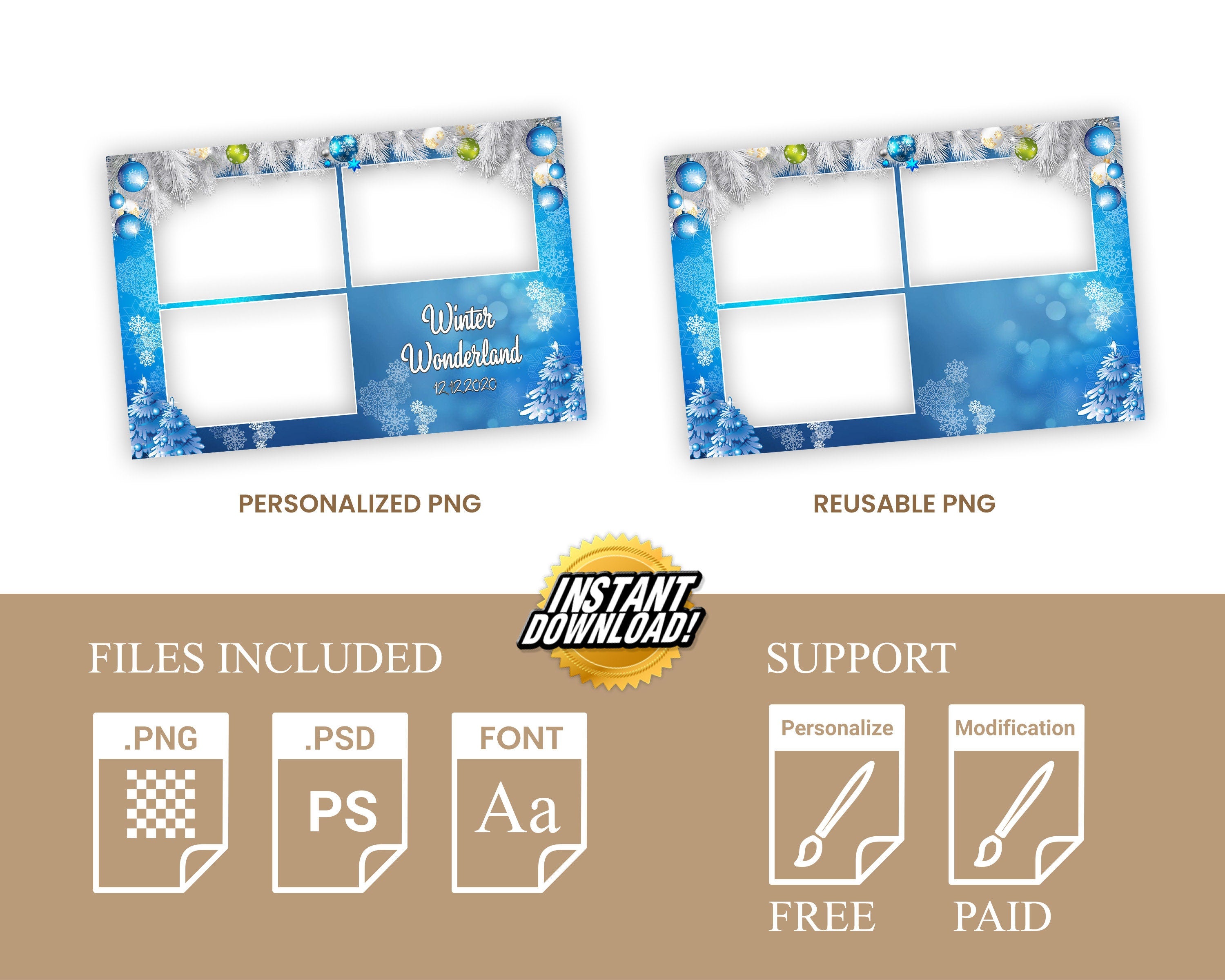 Winter Wonderland & Merry Christmas Holiday Party Photobooth Template 4x6 Postcard layout, New Year 2023  white pine tree snow flakes