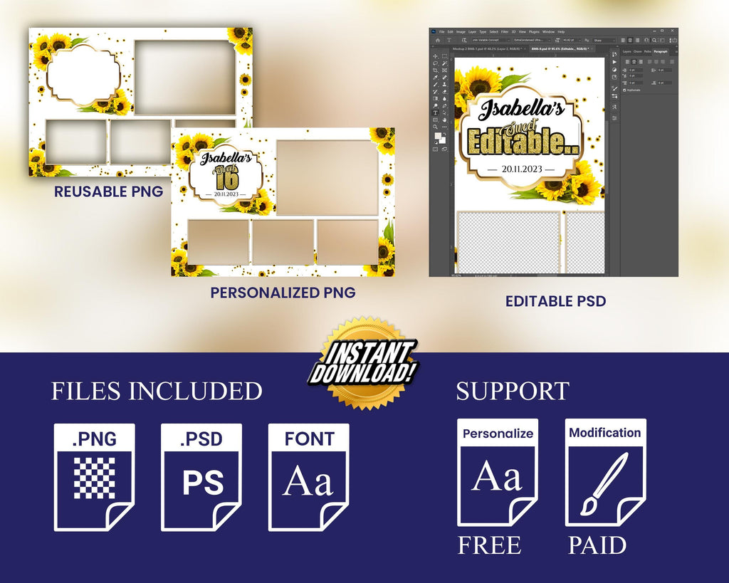 Sunflower Birthday Photobooth Template 4x6 postcard Sweet 16 Quinceañera mirror booth template with gold glitter mis quince - layout 9 BM8