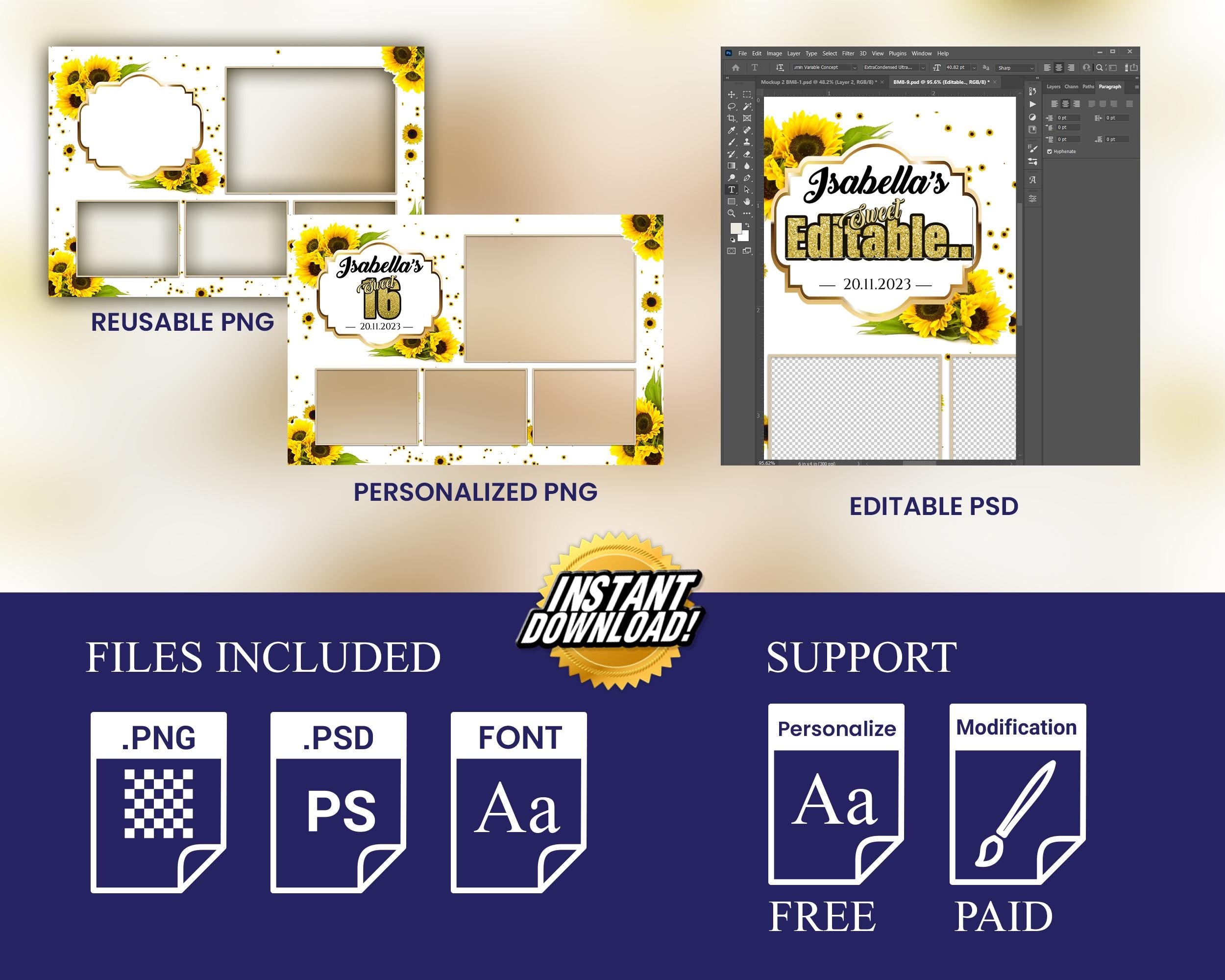 Sunflower Birthday Photobooth Template 4x6 postcard Sweet 16 Quinceañera mirror booth template with gold glitter mis quince - layout 9 BM8