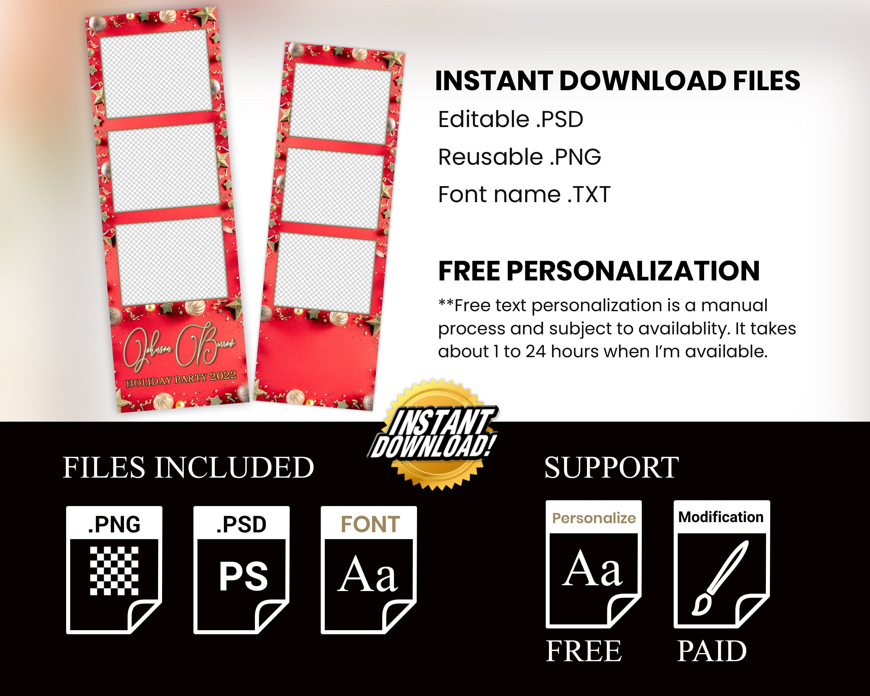 Christmas Photobooth Template Merry Christmas and New Year Strip Winter Wonderland and Holiday Photobooth Template Gold Black Silver 2x6