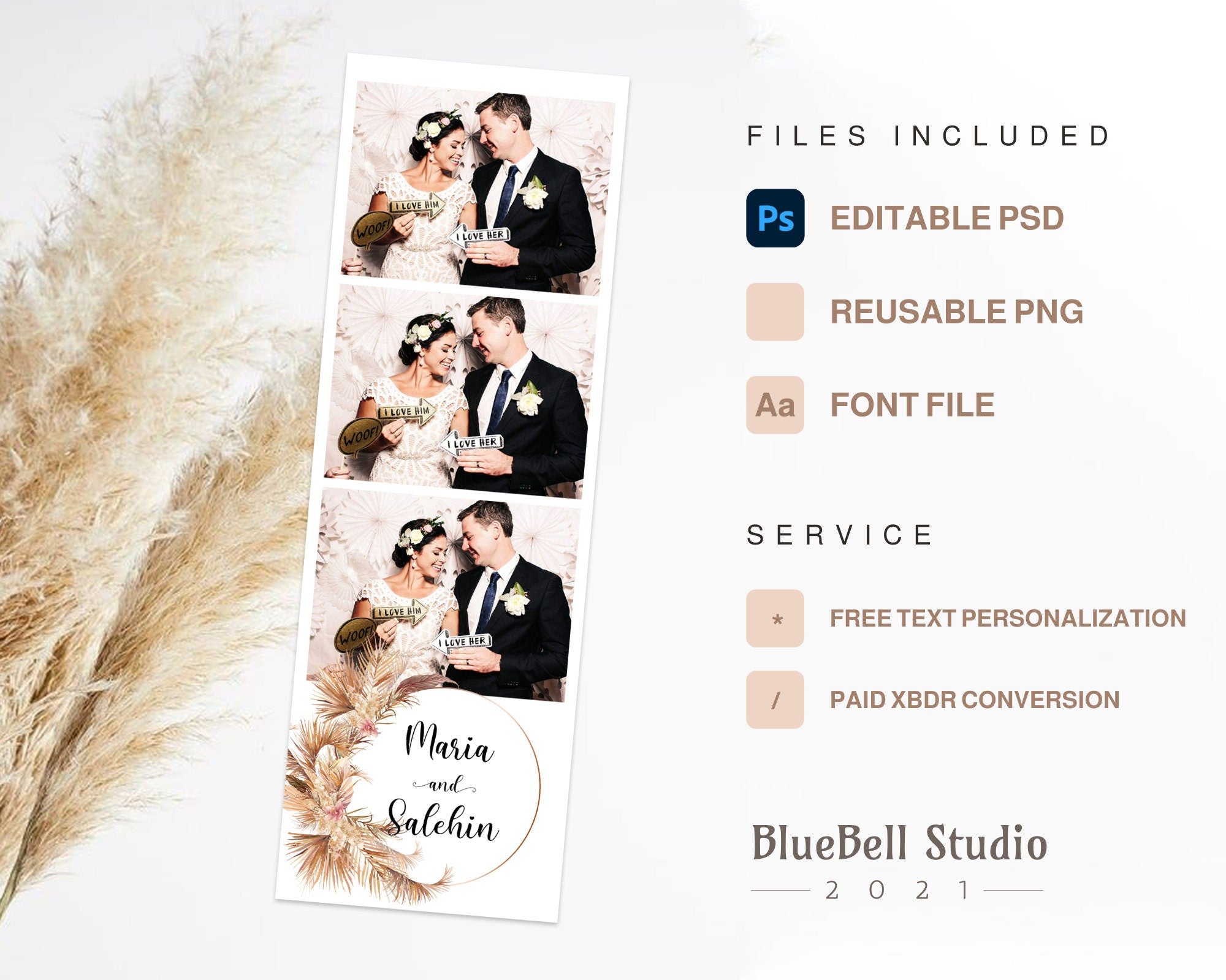 Boho Wedding Photo Booth Template 2x6 Stripe gold floral Photobooth