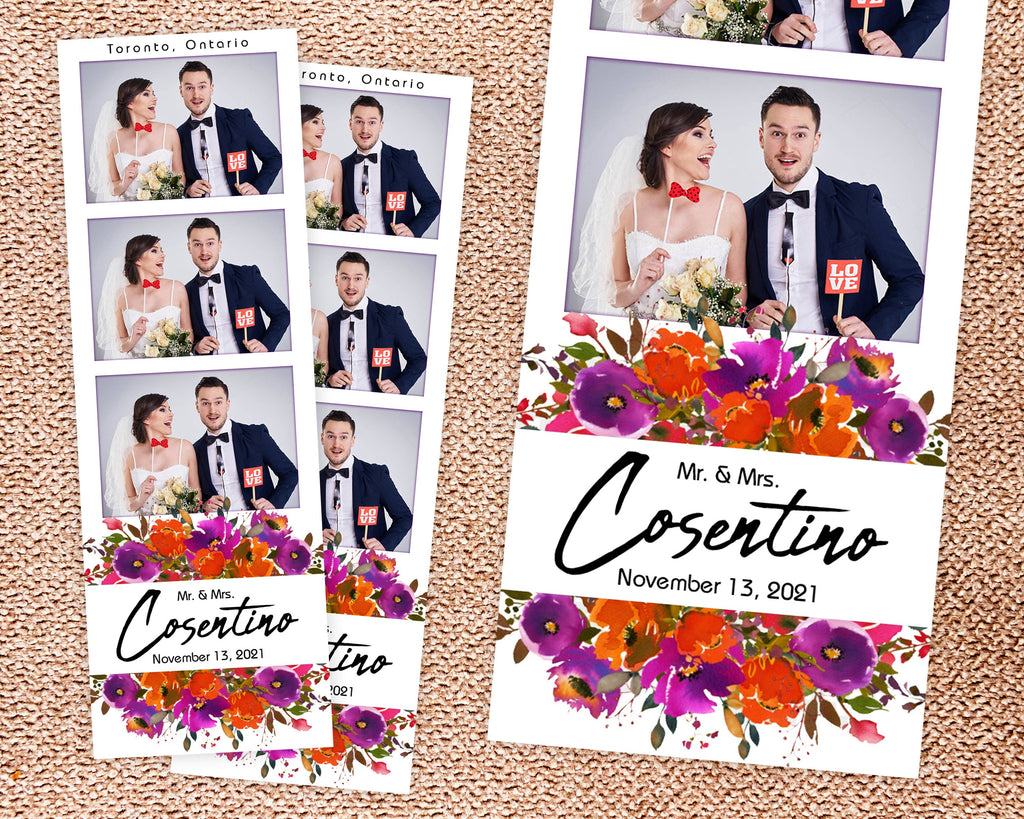 Custom Design Anniversary Photo Booth Template 2x6, Wedding Orange Purple Flower Floral  Photobooth Template with Font Name