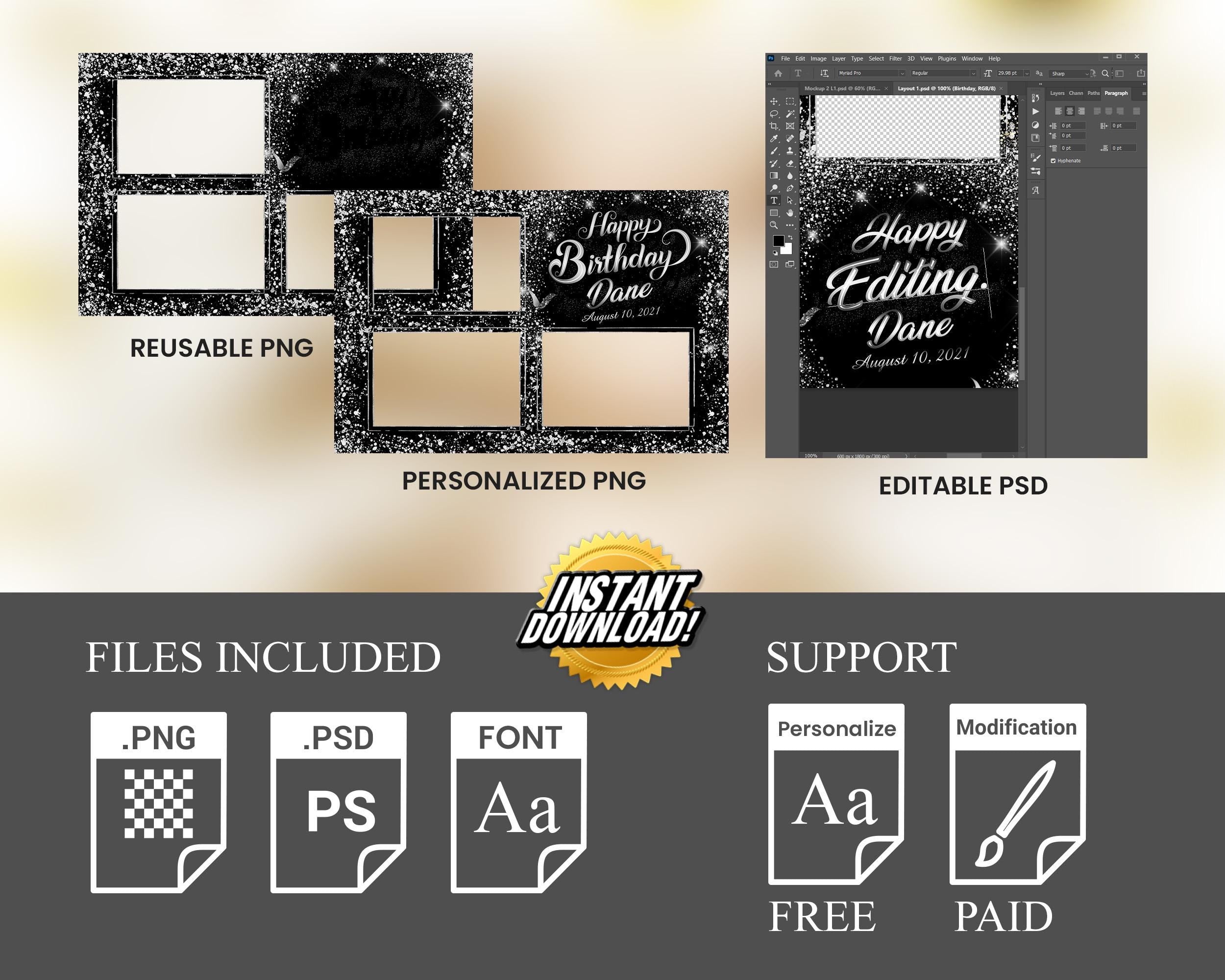 Birthday Photobooth Template 4x6 Black Silver Glitter Sparkles silver dust bday photo booth template 3 photo editable Layout 7 BM15