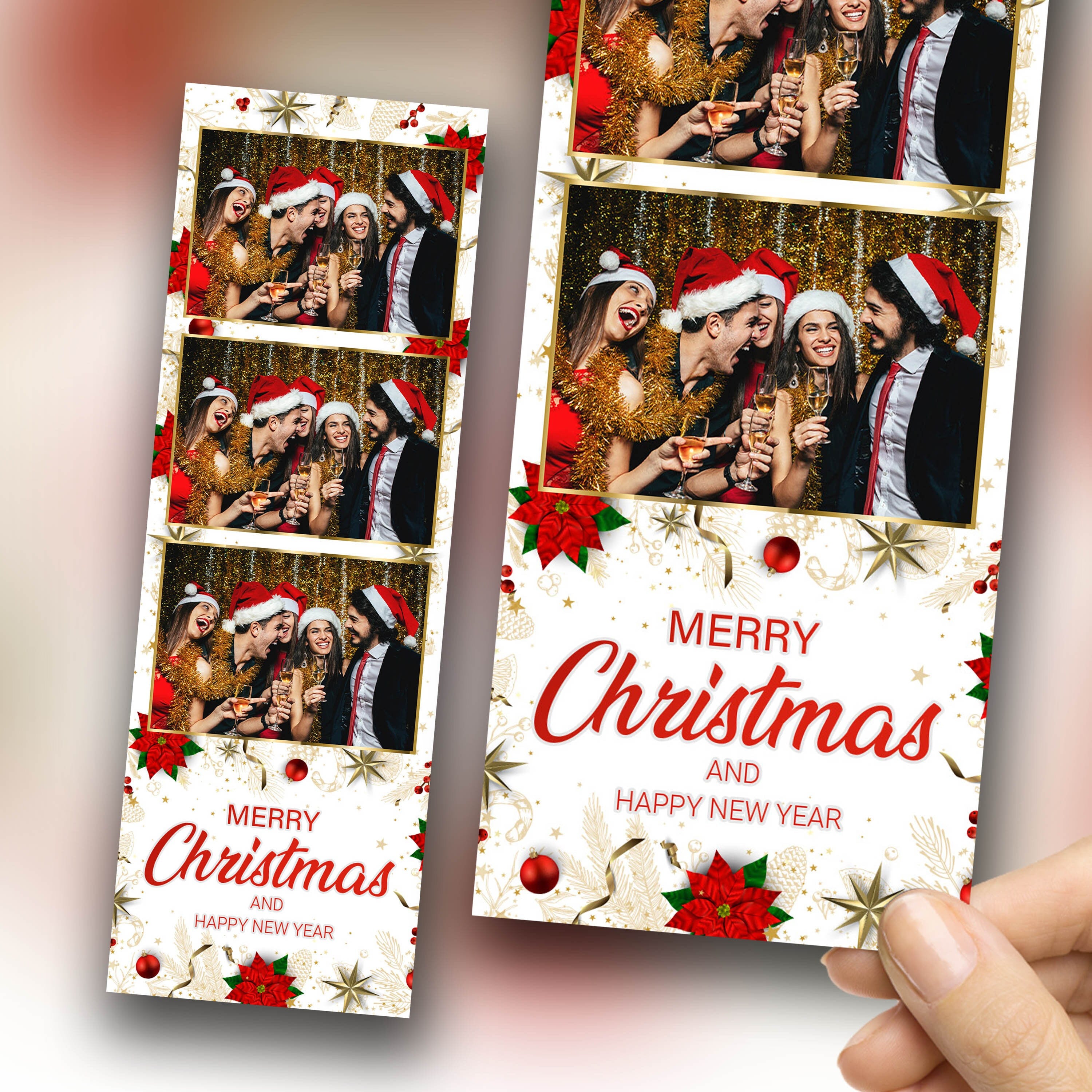 Christmas Photobooth Template, Merry Christmas and New Year, Poinsettia 2x6 Xmas Photobooth Template