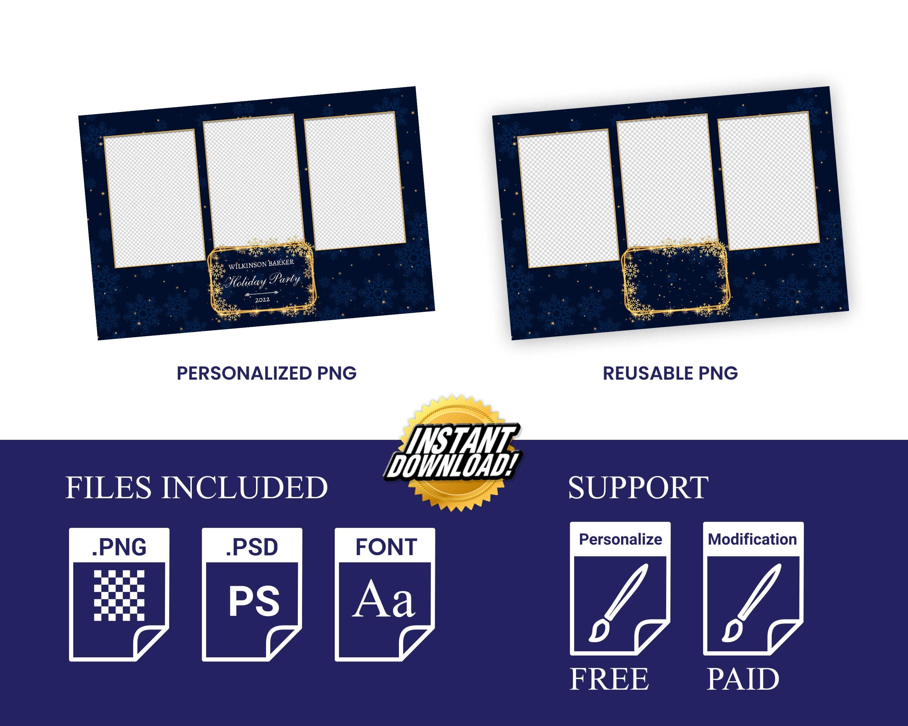 Christmas Photobooth Template Navy Blue & Gold 4x6 Landscape Mirror 3 shot Photo booth Xmas Holiday Party 2023 new year's eve 2024 Template