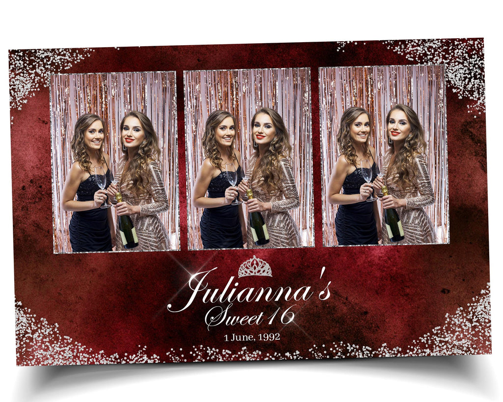 Birthday Photobooth Template Sweet 16 Quinceañera 4x6 mirror booth maroon burgundy color with silver glitter accent with crown mis quince S2