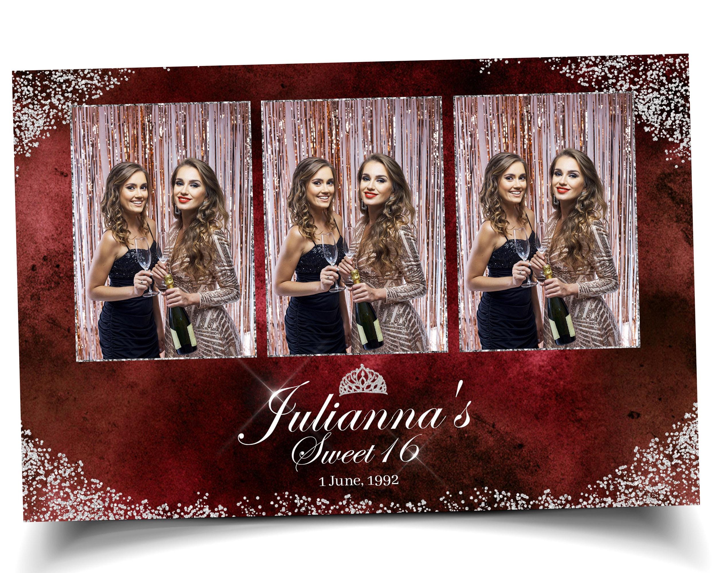 Birthday Photobooth Template Sweet 16 Quinceañera 4x6 mirror booth maroon burgundy color with silver glitter accent with crown mis quince S2