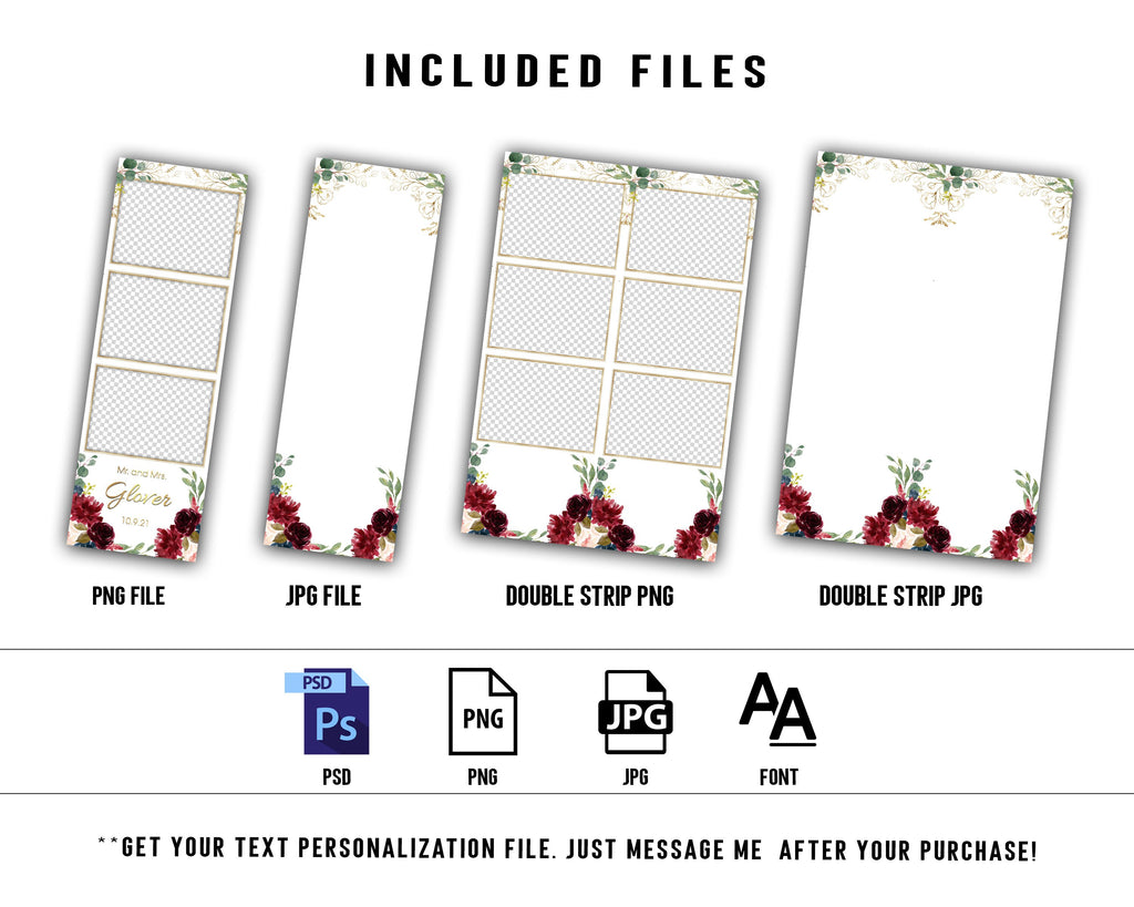 Wedding Photobooth Template, Floral Photobooth Template, 2x6 Wedding Photo booth Template, Sweet 16, Bridal Shower with font link