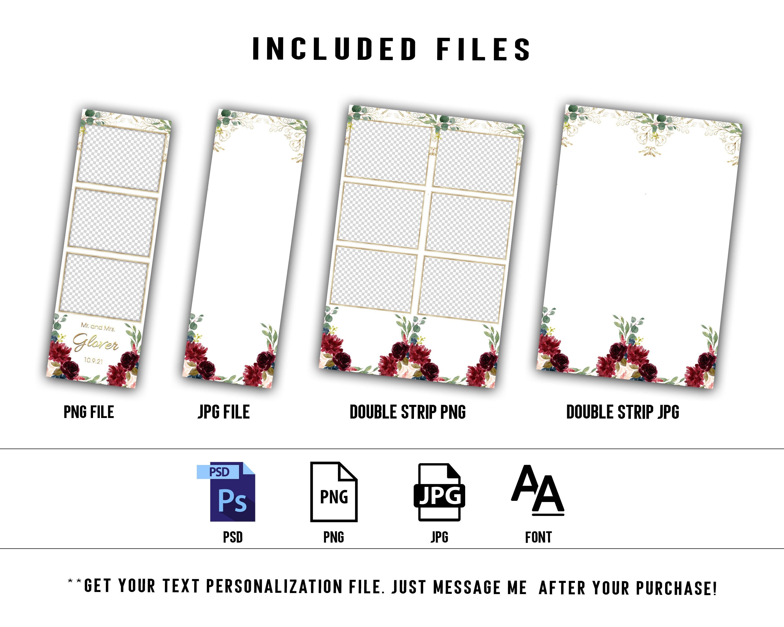 Wedding Photobooth Template, Floral Photobooth Template, 2x6 Wedding Photo booth Template, Sweet 16, Bridal Shower with font link