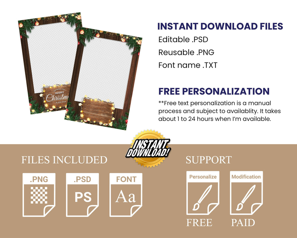 Christmas Photobooth Template 2024 Happy Holidays and New Year Wooden and Greenery with Lights 4x6 Portrait Xmas Photo booth Template CM4