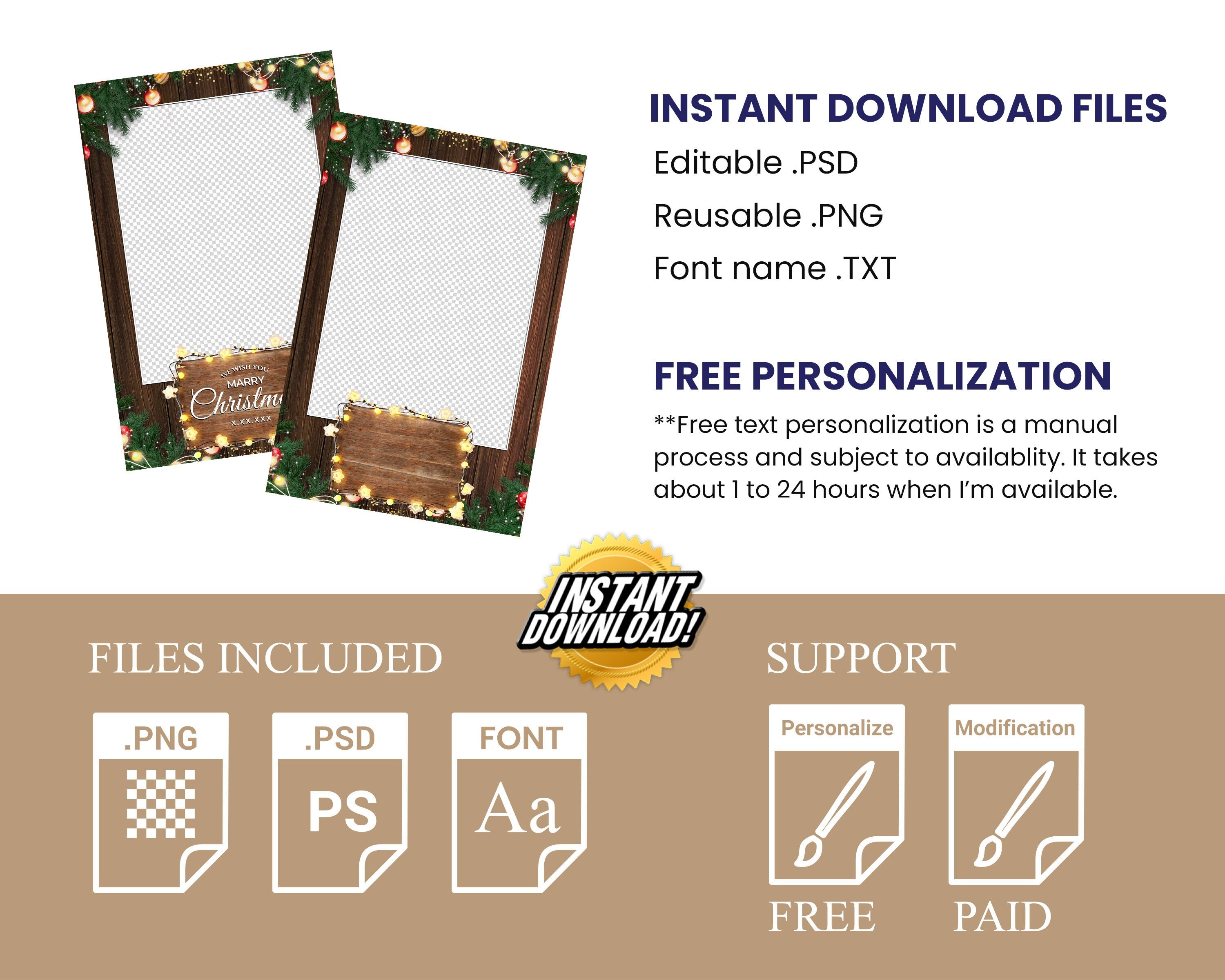 Christmas Photobooth Template 2024 Happy Holidays and New Year Wooden and Greenery with Lights 4x6 Portrait Xmas Photo booth Template CM4
