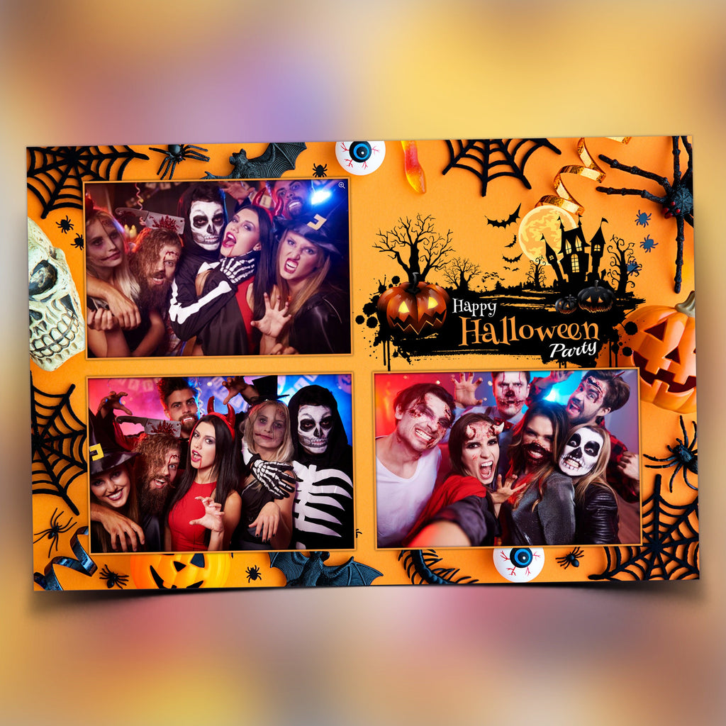 Halloween Photobooth Template 4x6 Trick or Treat Party 2024 Orange Yellow Black Photo booth Pumpkin Template postcard 3 shots PSD PNG Font