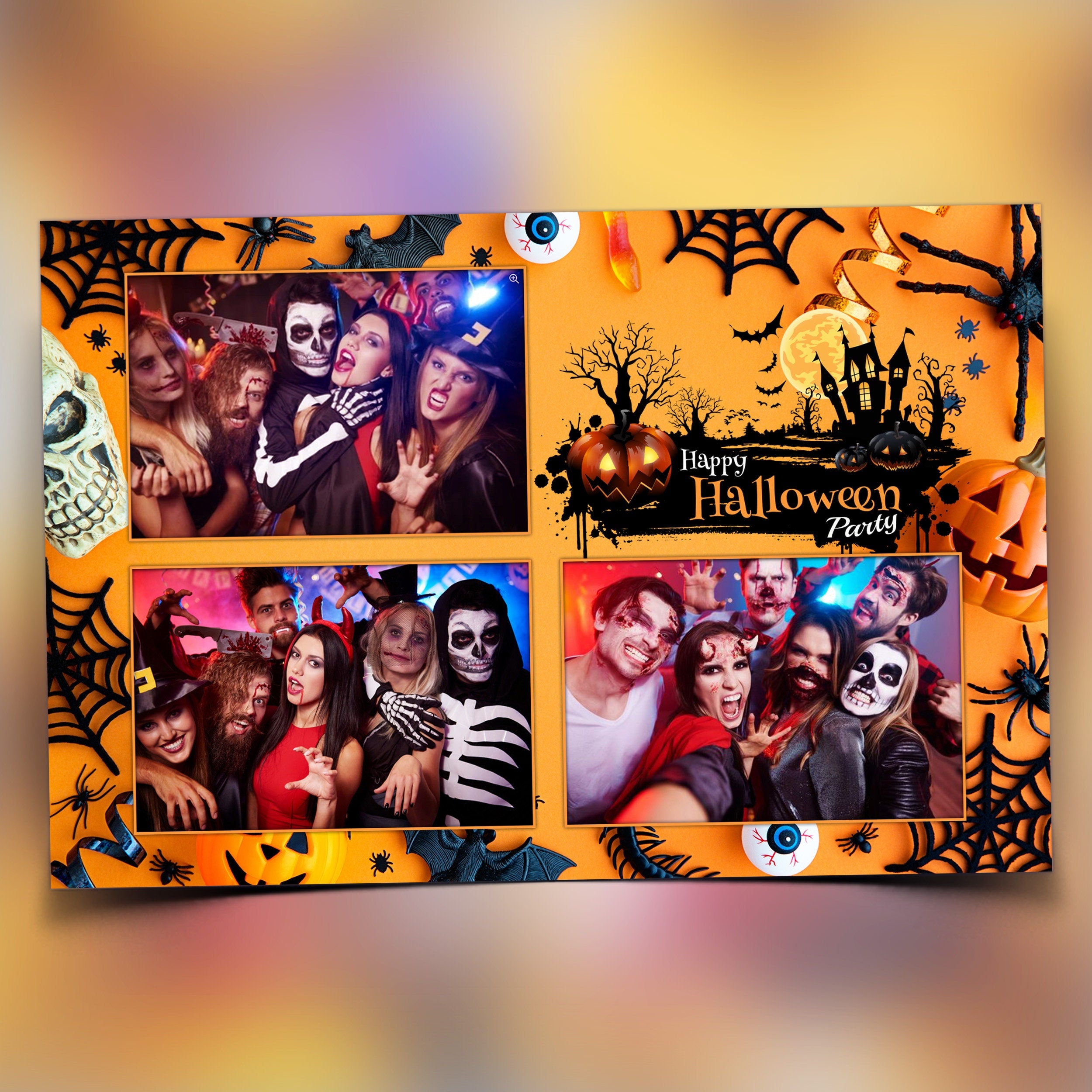 Halloween Photobooth Template 4x6 Trick or Treat Party 2024 Orange Yellow Black Photo booth Pumpkin Template postcard 3 shots PSD PNG Font