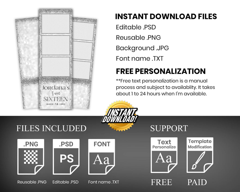 Silver Photo Booth Birthday Sweet 16 Photobooth Template Mis Quince, Quinceanera, XV Overlay 2x6 Strip Sparkle Glitter 1099