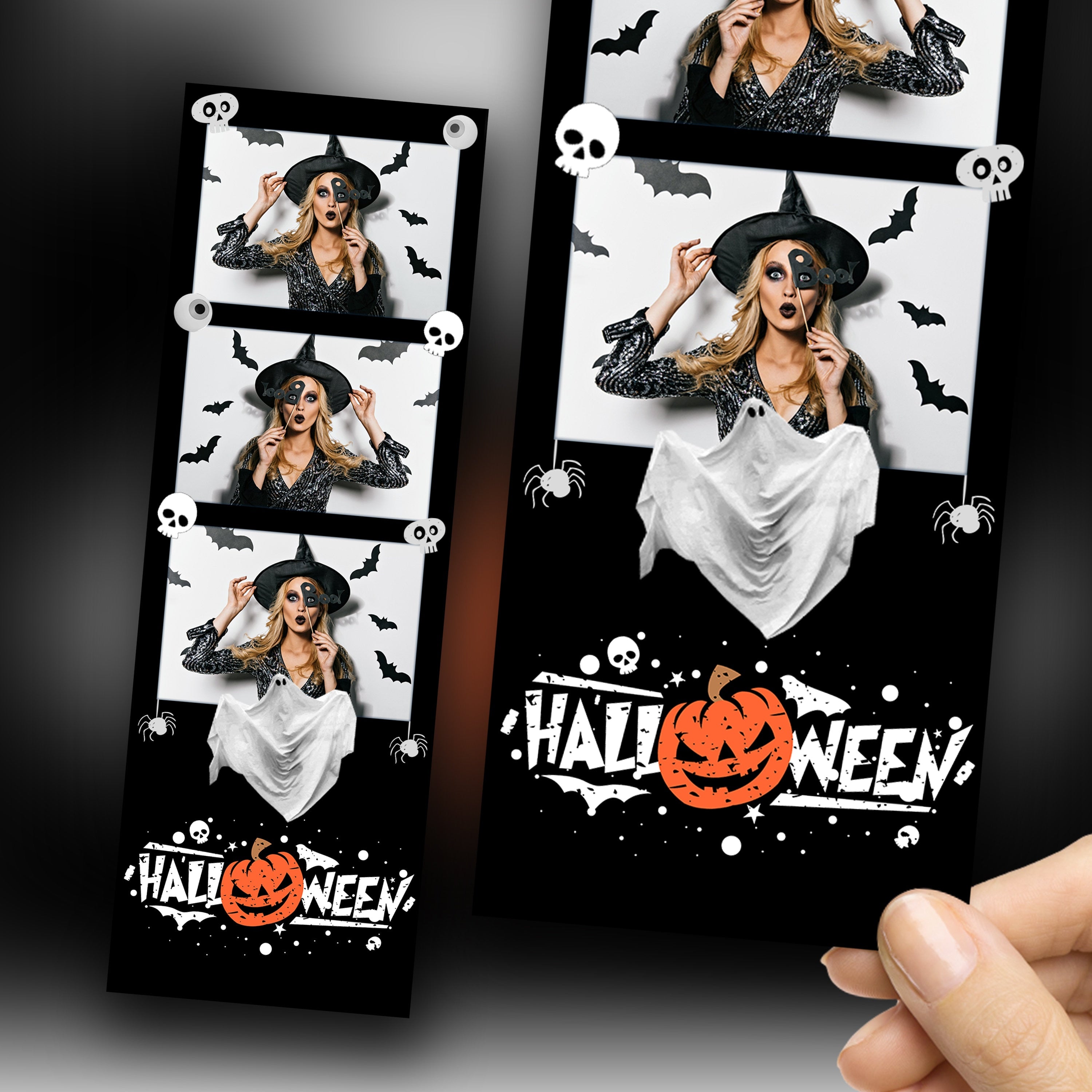 Halloween Party 2024 Photobooth Template 2x6 Trick or Treat Photo booth Pumpkin Template Strip 3 shots PSD PNG