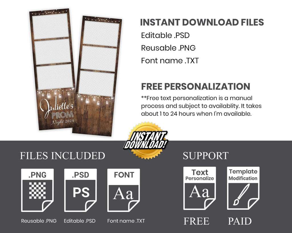 Prom 2024 Photobooth Template 2x6 stripe 3 photo Class of 2024 Graduation Photo booth Template PSD PNG Editable