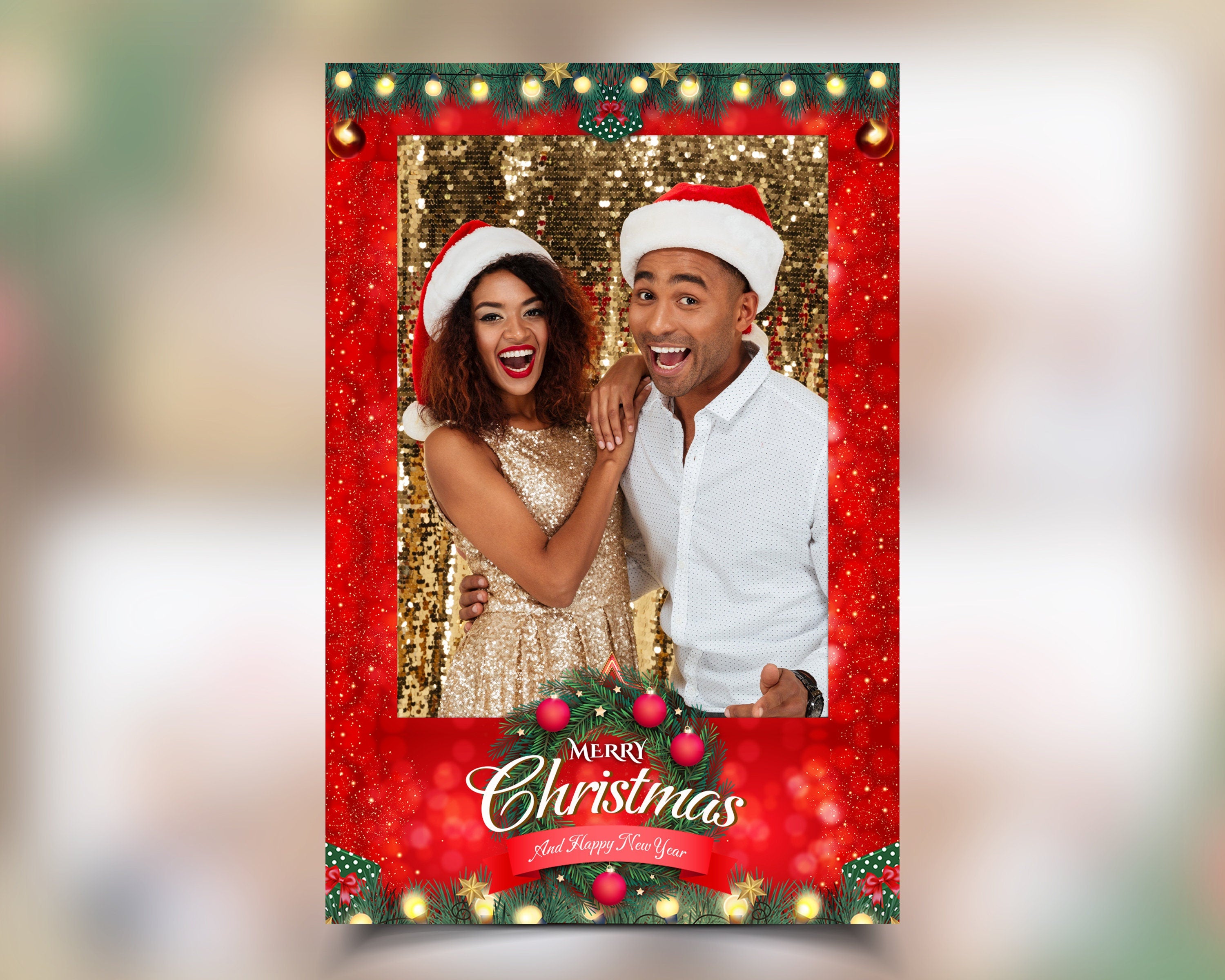 Christmas Photobooth Template, 4x6 portrait single 1 photo Merry Christmas and New Year 2024 Xmas Green & Red for mirror booth and PSD PNG