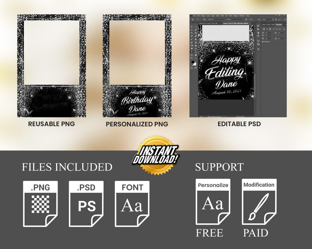 Birthday Photobooth Template 4x6 Portrait Black Silver Dust Glitter Sparkle bday mirror booth Single photo booth template Layout 4 BM15