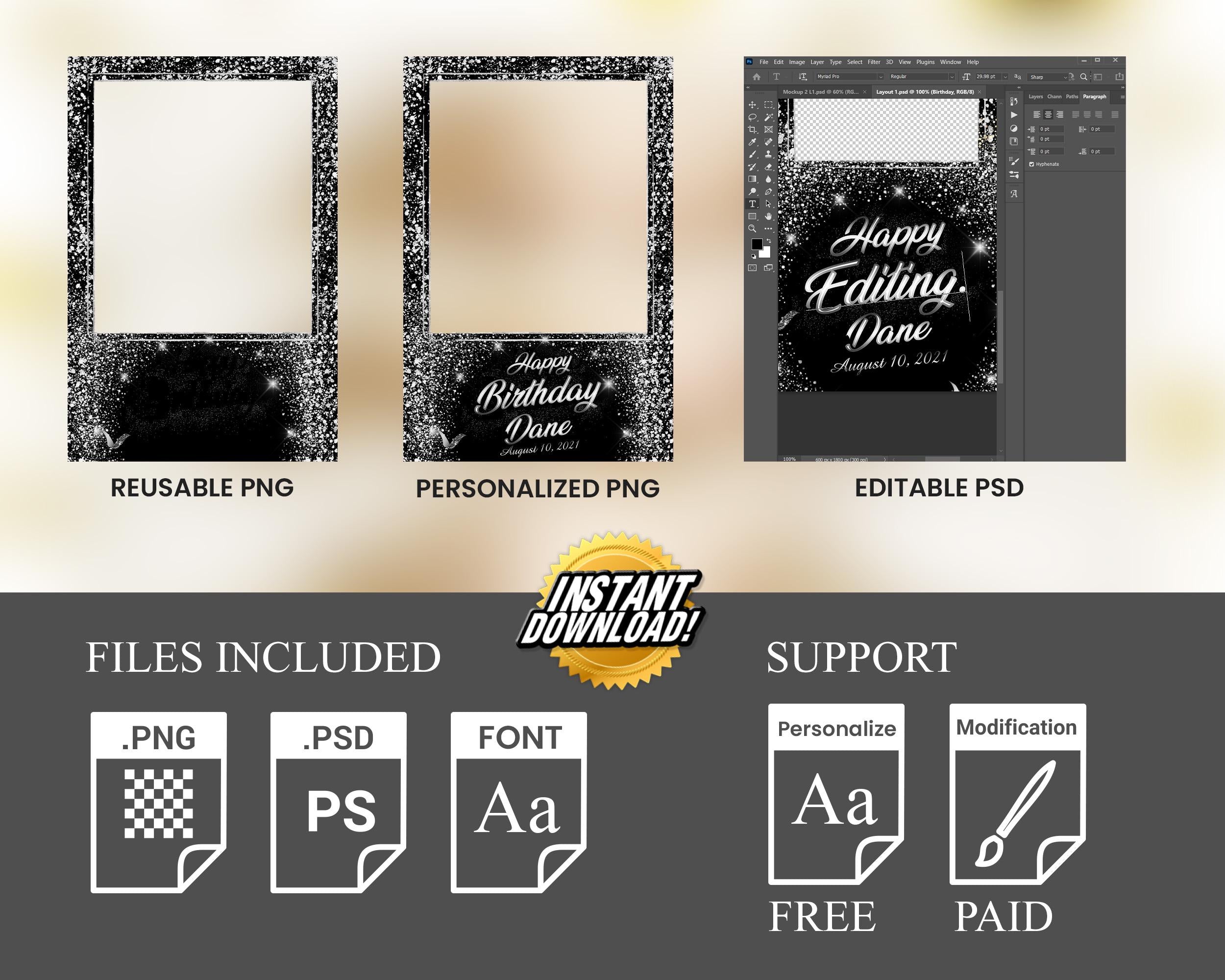 Birthday Photobooth Template 4x6 Portrait Black Silver Dust Glitter Sparkle bday mirror booth Single photo booth template Layout 4 BM15