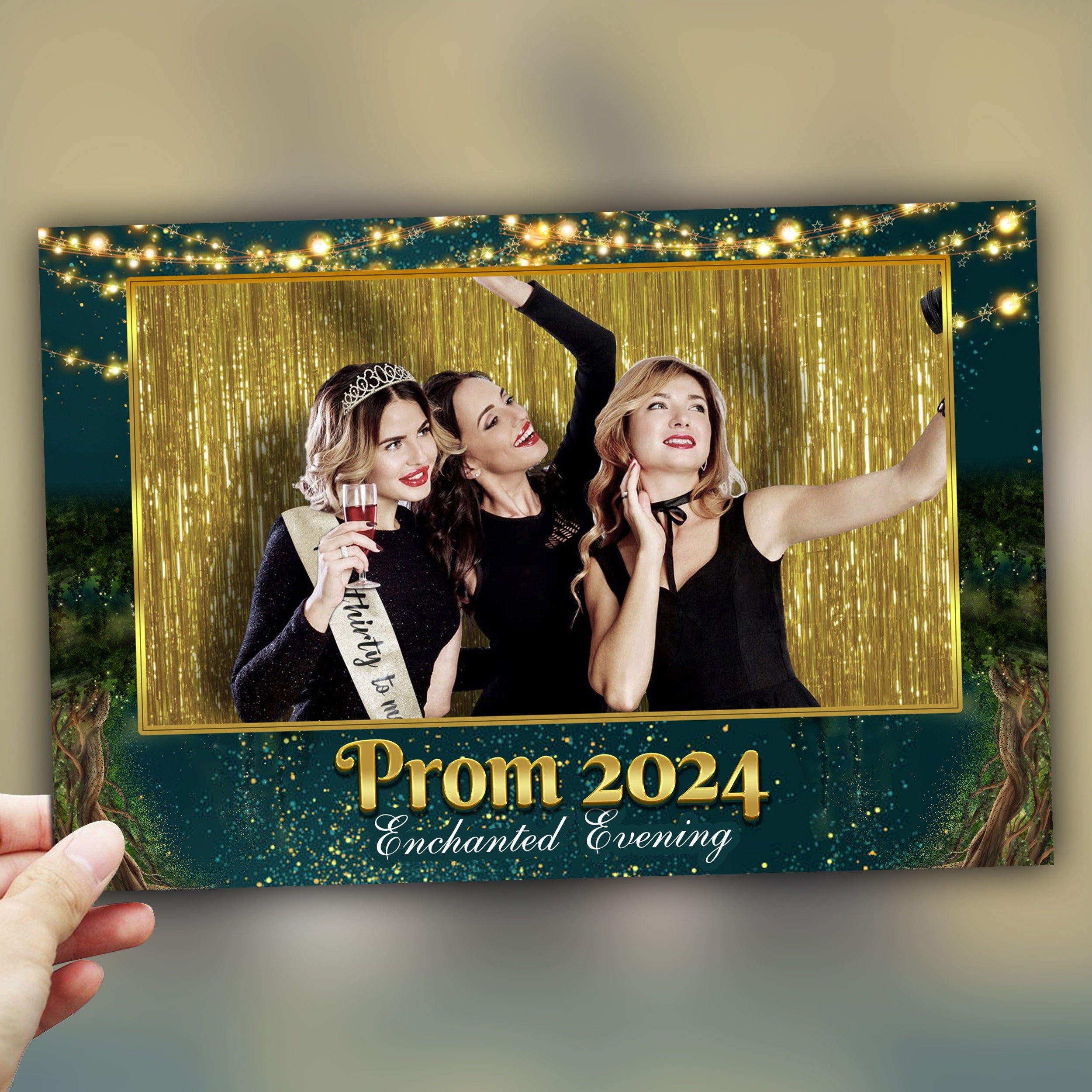 Enchanted Forest Prom 2024 Photobooth Template 4x6 Landscape 1 photo Class of 2024 Graduation Photo booth Template Green PSD PNG Editable