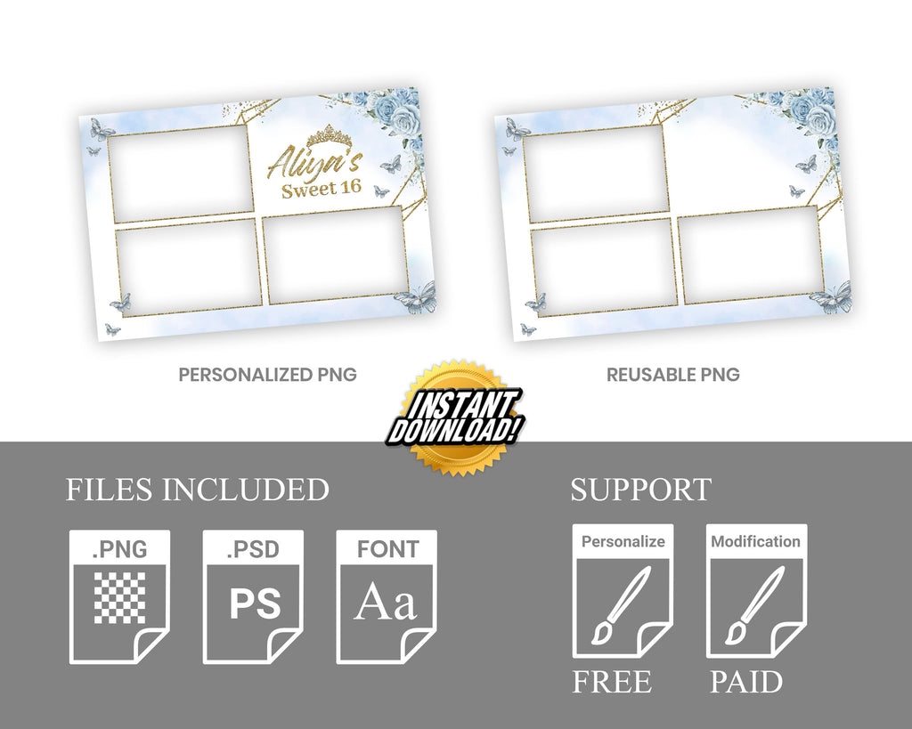 Birthday Photobooth Template, Sweet 16 Photo Booth, Quinceanera, Mis Quince, XV, Blue Flower Template