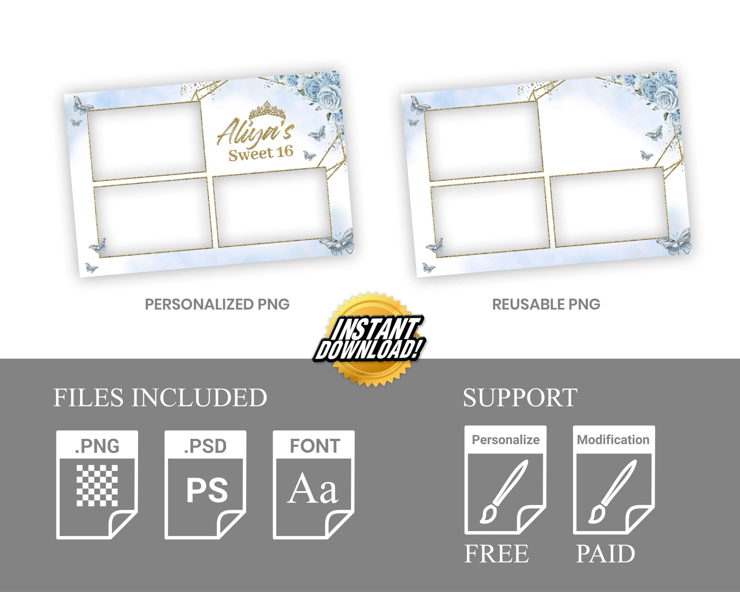 Birthday Photobooth Template, Sweet 16 Photo Booth, Quinceanera, Mis Quince, XV, Blue Flower Template