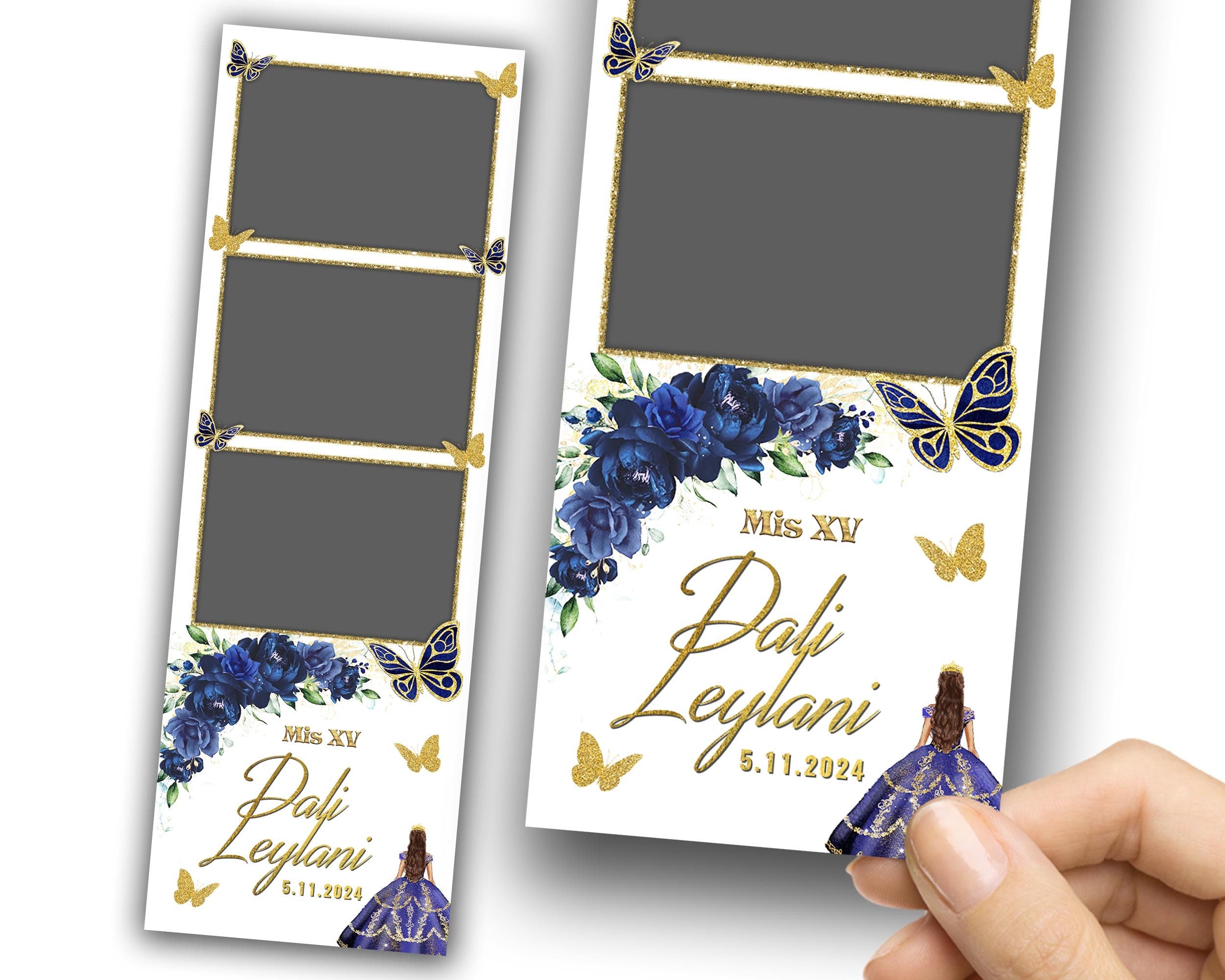Quinceañera, Sweet 16, Mis XV, Floral Butterfly, Birthday, Sweet Sixteen, Photobooth Template, Blue Gold Flowers, Quinceanera Photo Booth