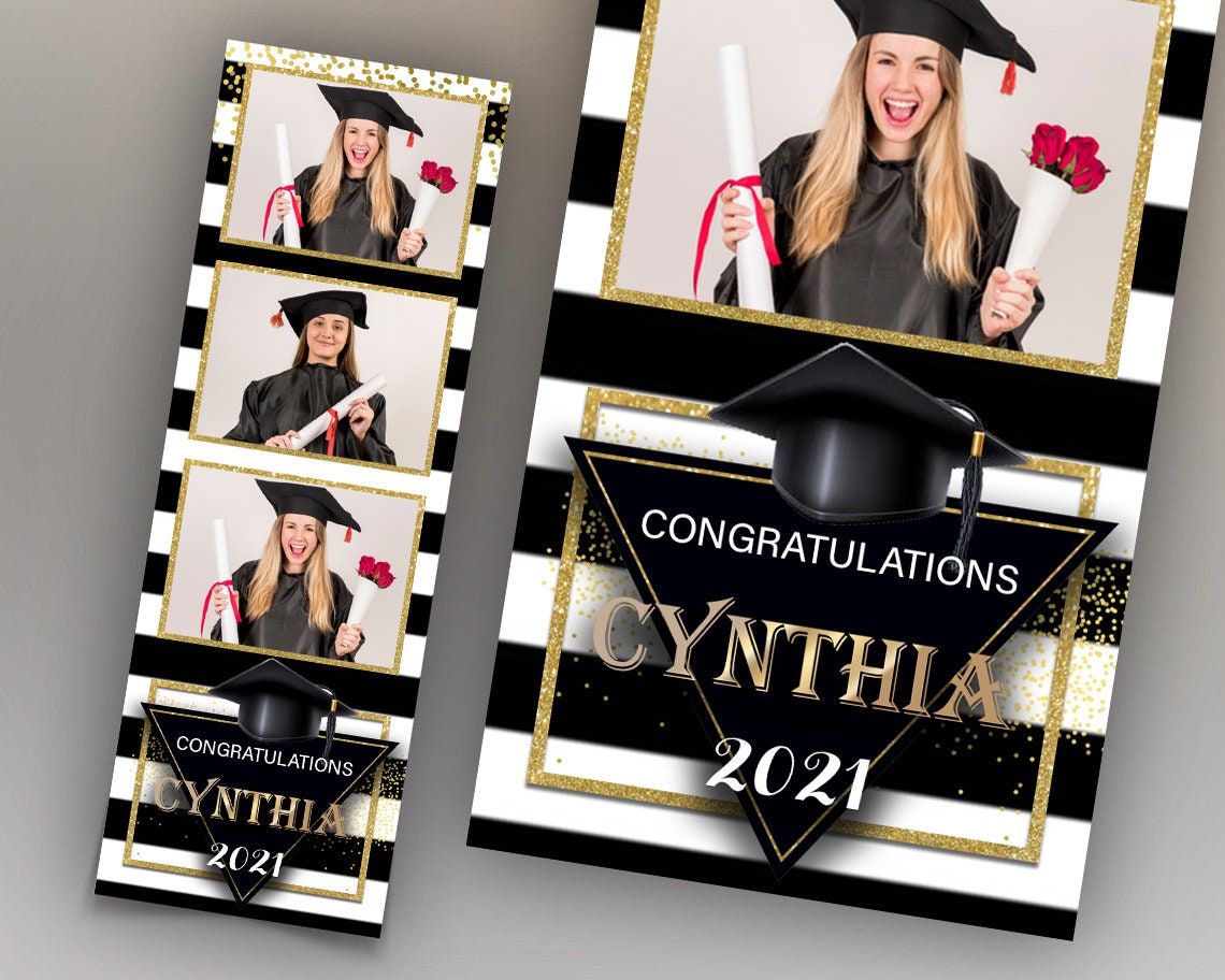 Graduation Party Photobooth template, class of 2023, black gold & white strip 2x6 triple shot photo booth template