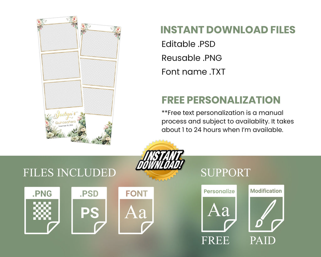 Quinceañera Photobooth template 2x6 strip Sweet 16 Birthday Green ivory Flowers photo booth Mirror Salsa Darkroom