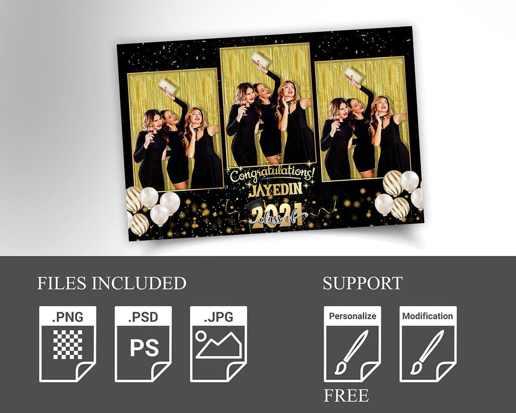 Class of 2023 Black & Gold Graduation Photobooth Template Stylish Elegant 4x6 Mirror Booth Triple shot photo booth template PSD PNG Fonts