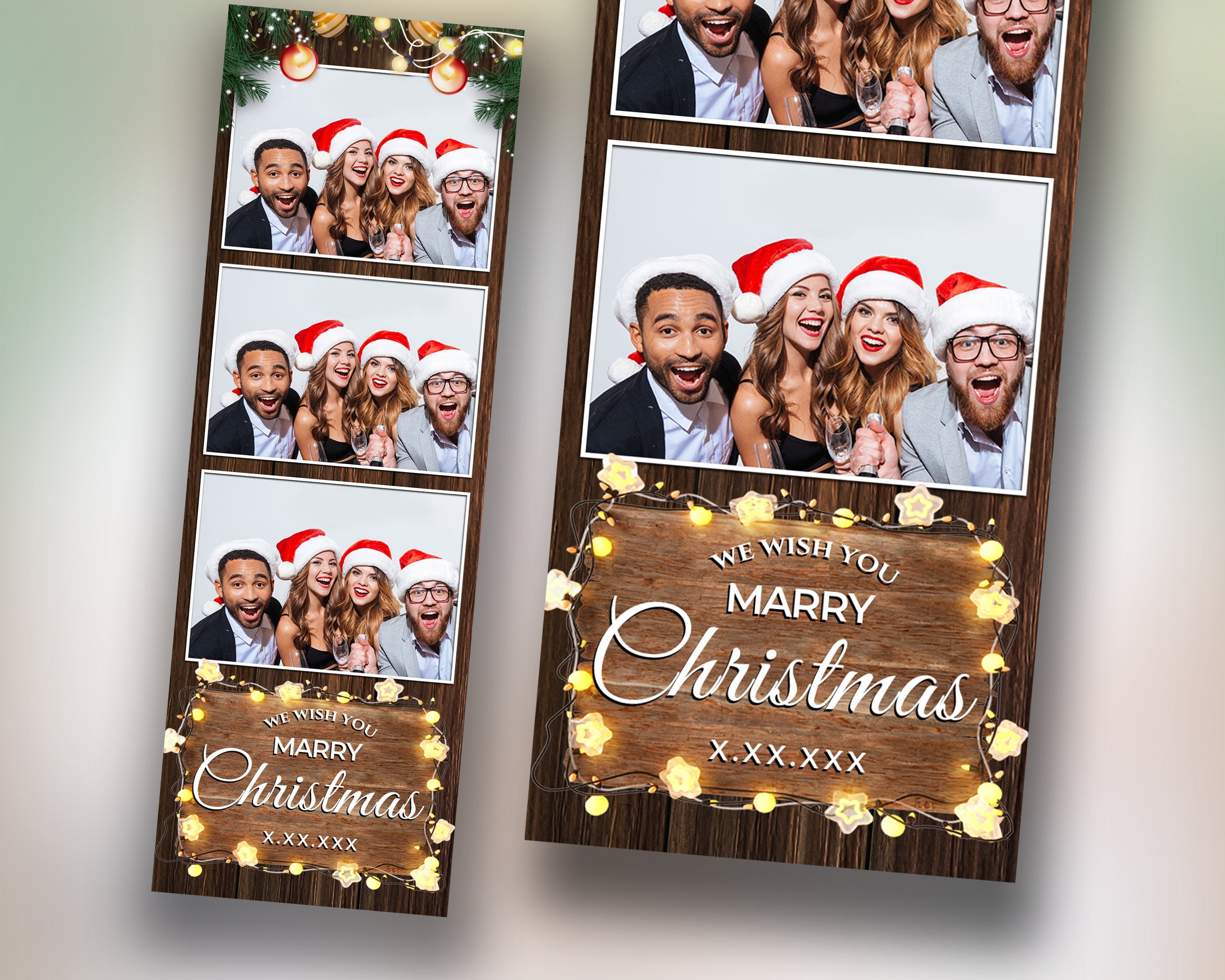 Christmas Photobooth Template 2024 Happy Holidays New Year Wooden and Greenery with Lights 2x6 Strip 3 Photo Xmas Photo booth Template CM4