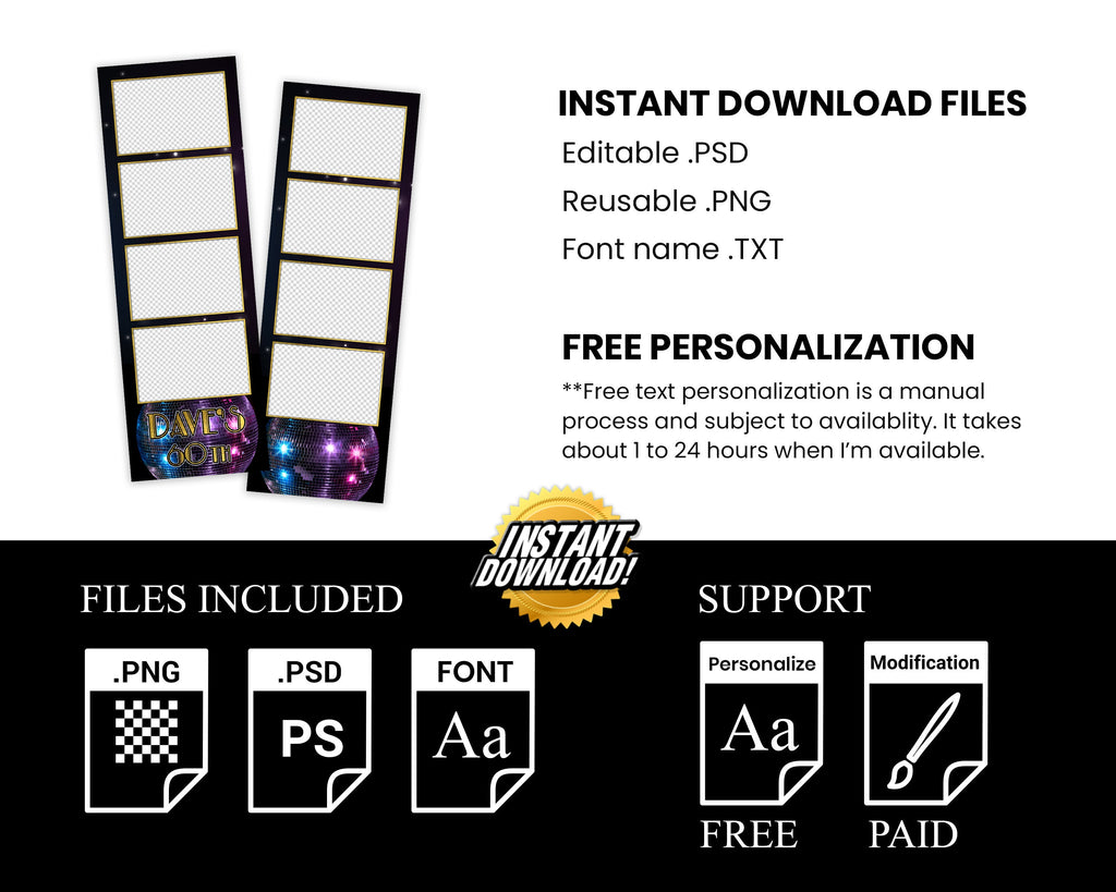 Birthday Photobooth Template Black with Gold 2x6 Stripe Disco Party Photo Booth Template Darkroom DSLR XBDR Salsa Touchpix ipad Mirror 1048