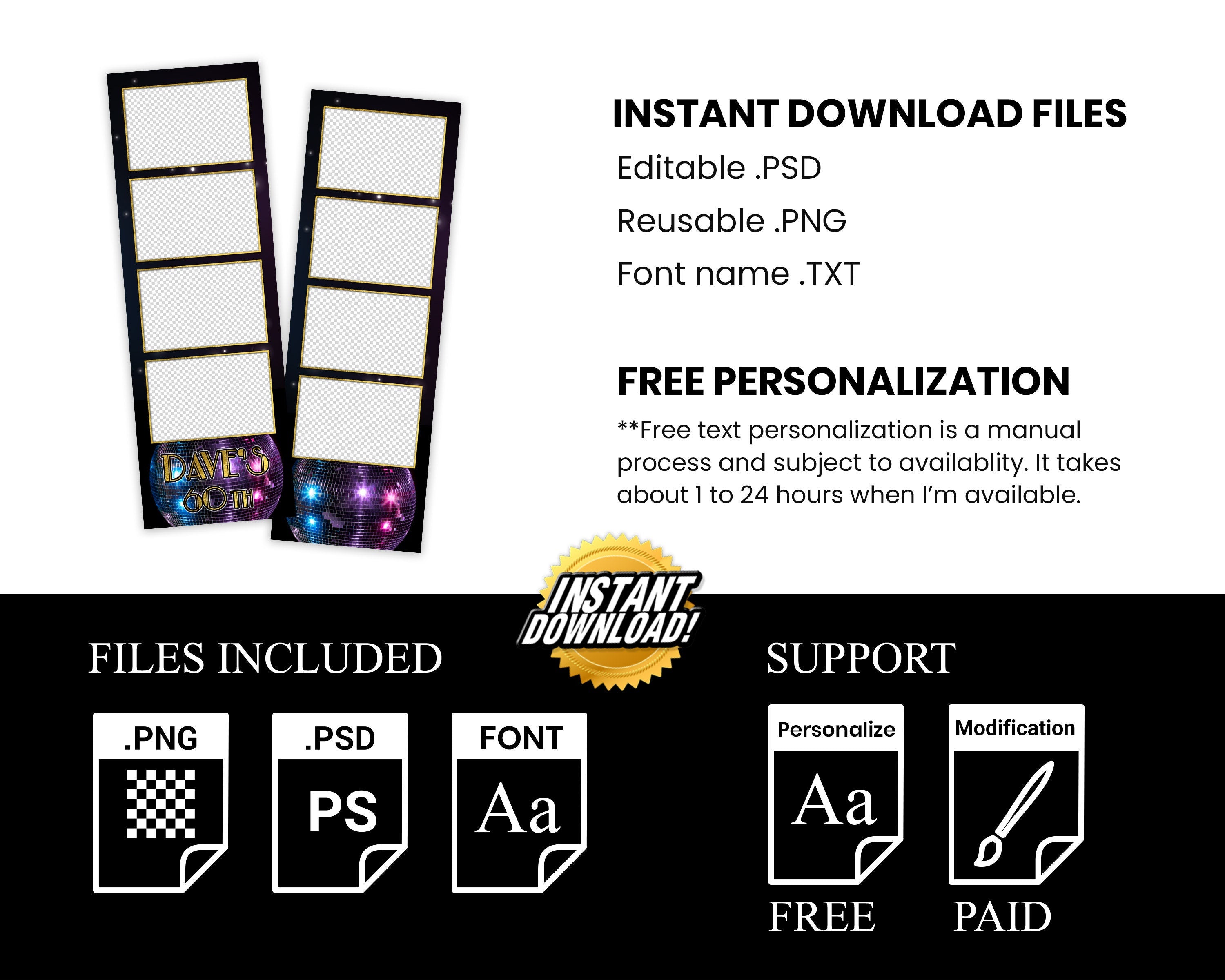 Birthday Photobooth Template Black with Gold 2x6 Stripe Disco Party Photo Booth Template Darkroom DSLR XBDR Salsa Touchpix ipad Mirror 1048
