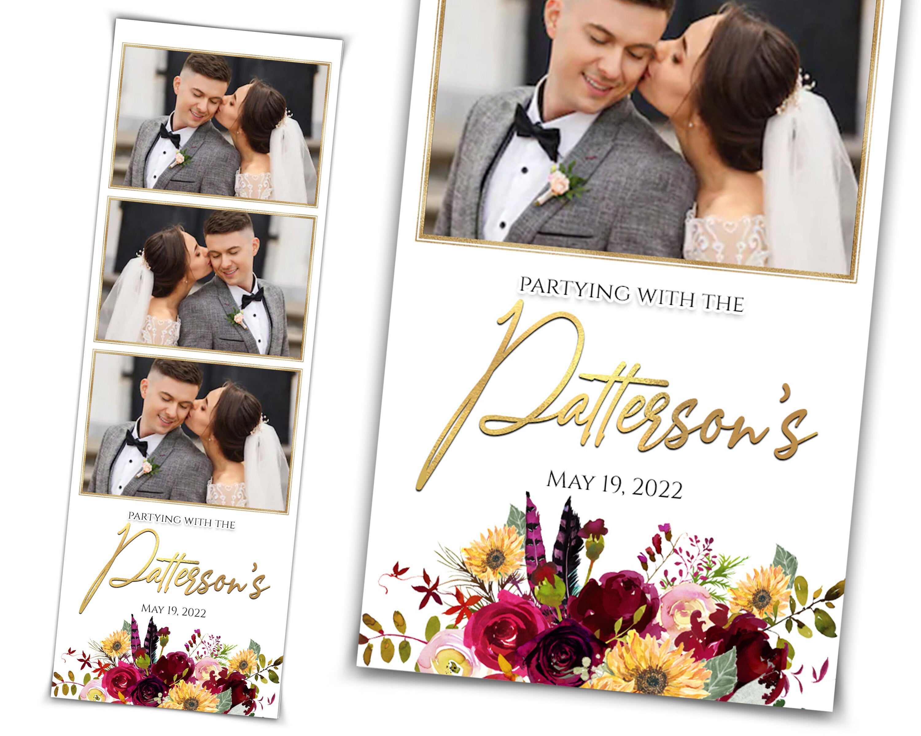 Custom Design Anniversary Photo Booth Template 2x6, Wedding Burgundy Color Flower Floral  Photobooth Template with Font Name