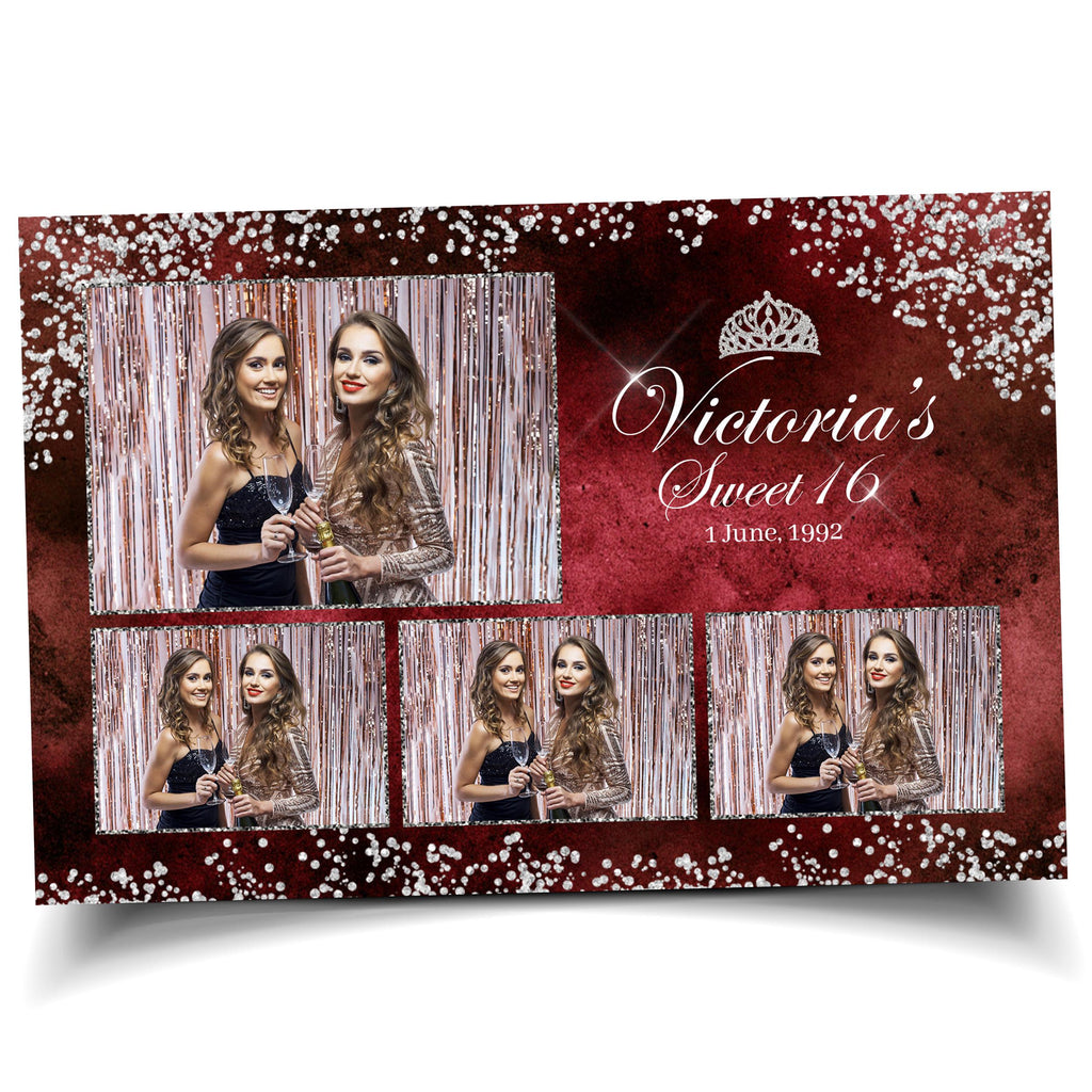 Sweet 16 Quinceañera Birthday Photobooth Template 4x6 3 photo maroon dark red color with silver accent silver glitter crown mis quince S2