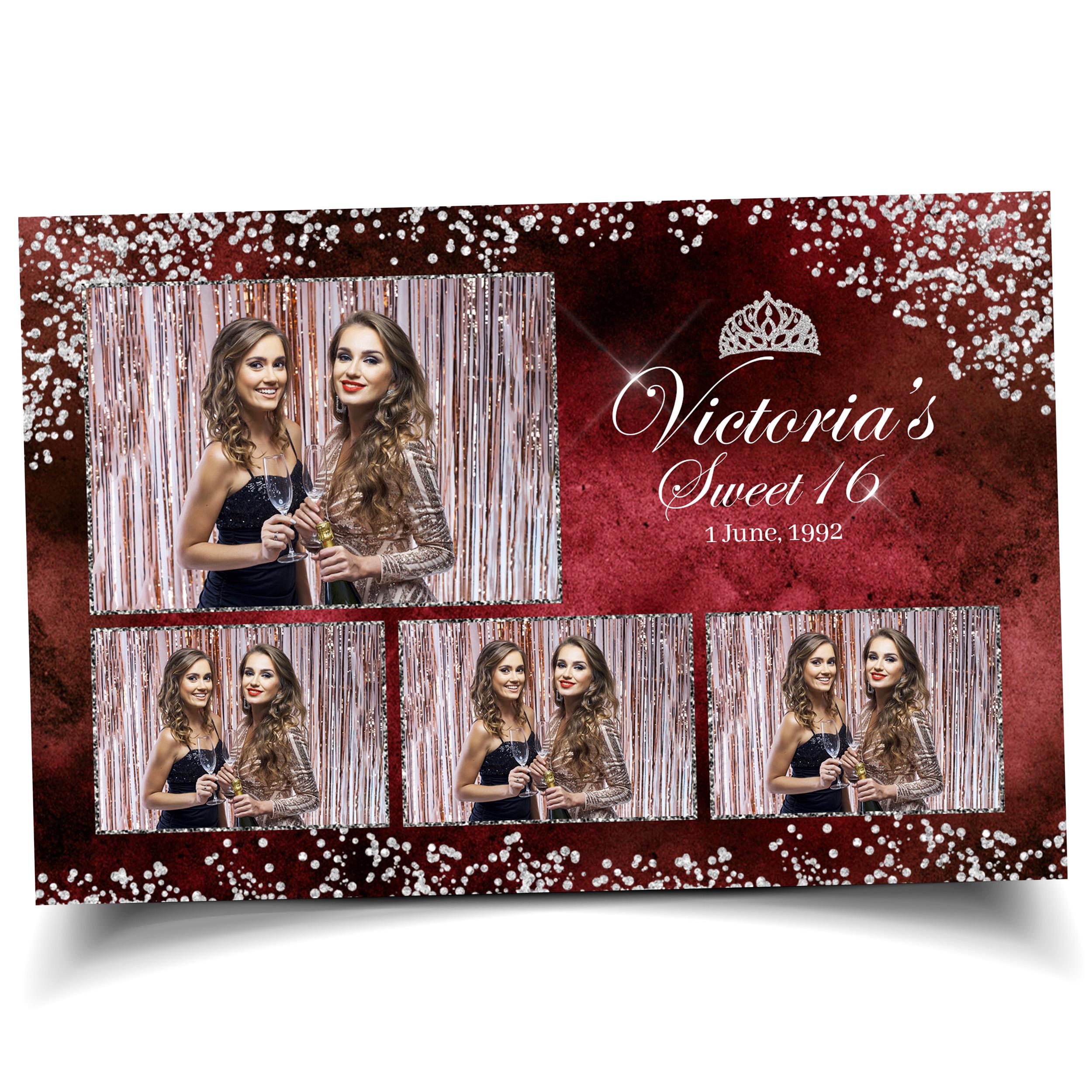 Sweet 16 Quinceañera Birthday Photobooth Template 4x6 3 photo maroon dark red color with silver accent silver glitter crown mis quince S2