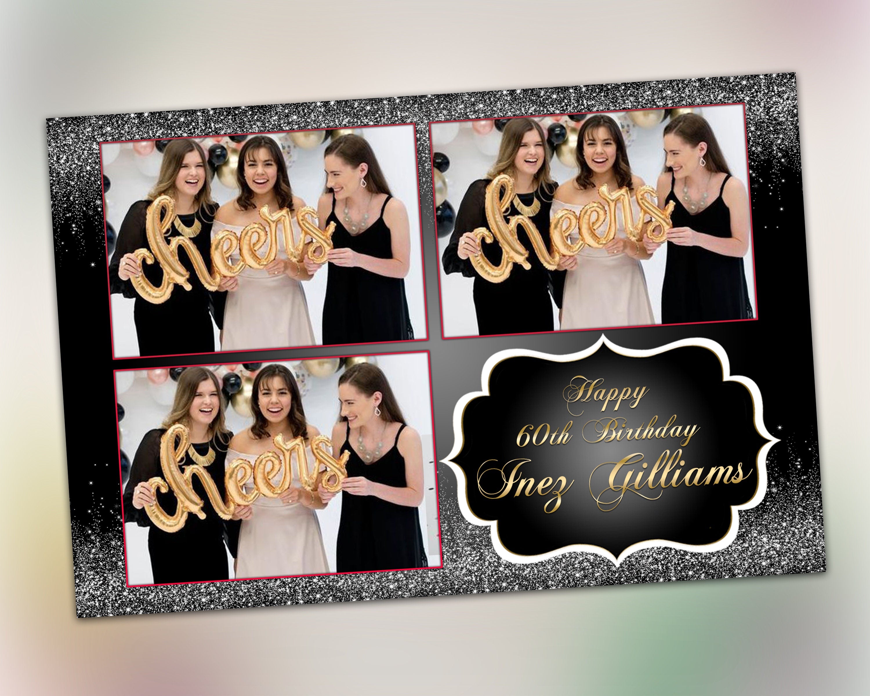 Birthday party black white glitter photobooth Template bridal wedding anniversary 4x6 photo booth template png psd xbdr NYC