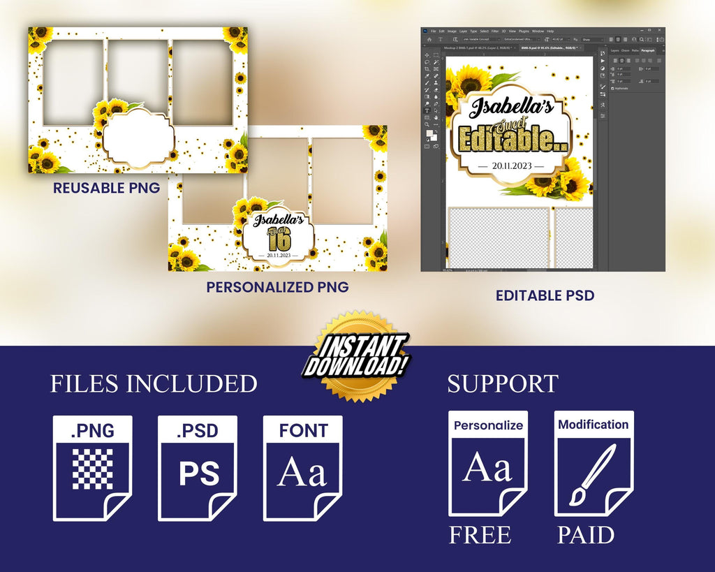 Sunflower Birthday Photobooth Template 4x6 triple shot Sweet 16 Quinceañera mirror booth template with gold glitter mis quince - BM8