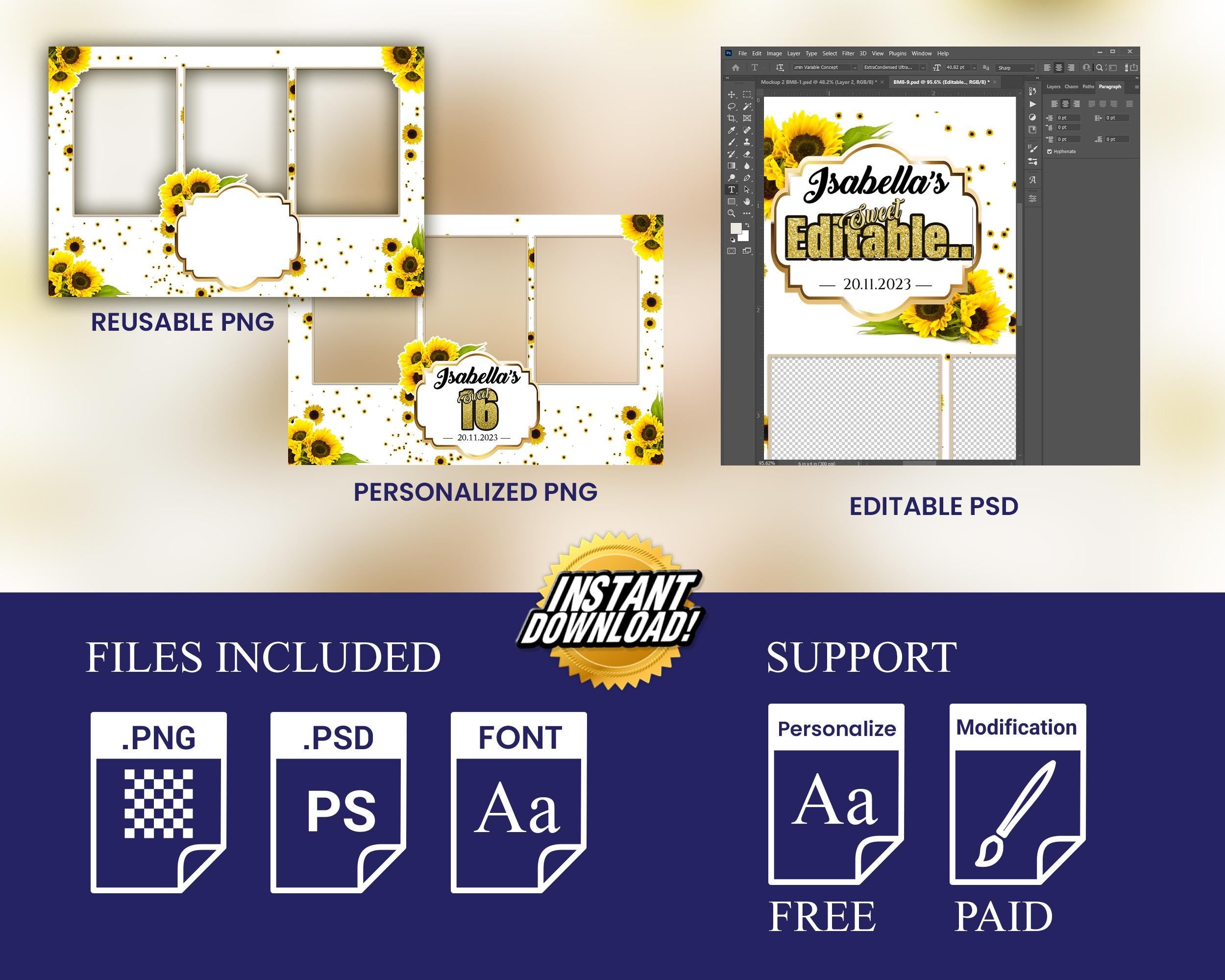 Sunflower Birthday Photobooth Template 4x6 triple shot Sweet 16 Quinceañera mirror booth template with gold glitter mis quince - BM8
